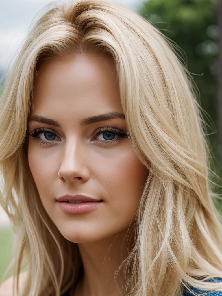Photorealistic of a insanely beautiful woman with blonde windy messy hair, in the style of panasonic lumix s pro 50mm f/1.4, light beige and dark azure, celebrity images mashups, soft realism, barbiecore, unreal engine 5, 32k uhd, luminous quality, swiss realism, niji 5