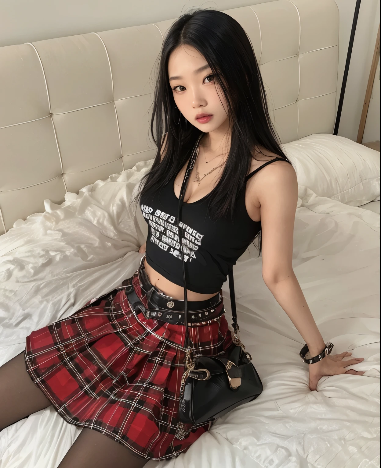 Jennie do blackpink arafada de saia e blusa preta sentada em uma cama, mulher sul coreana, modelo do instagram, saia xadrez, she is wearing a black tank top, beautiful, Cruel Korean Gothic Woman, asian women, estilo sexy, look sexy, an Asian woman, ****** coreana, vestindo uma regata preta cortada