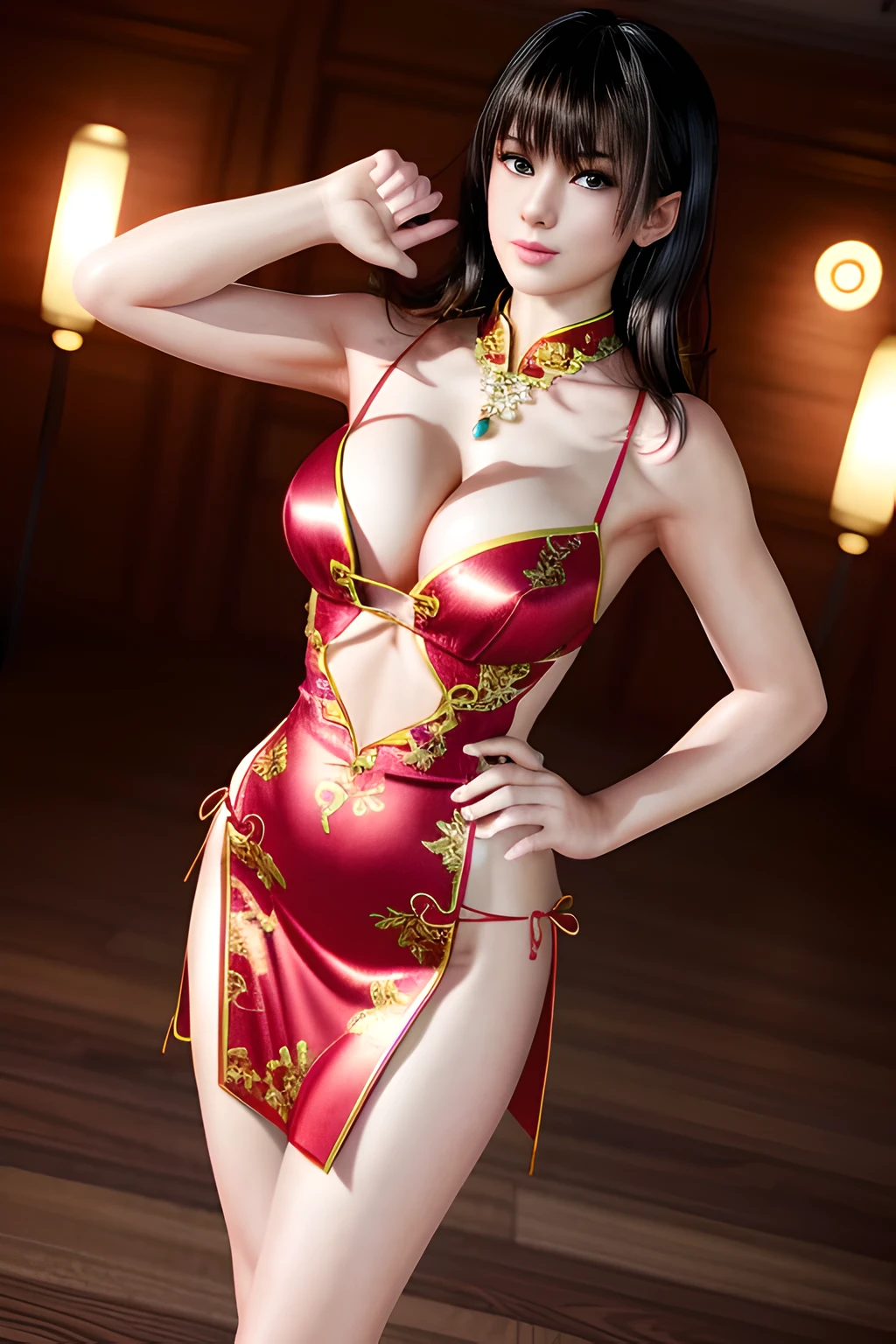 1girl,Nanami,Relax,(Wearing Chinese dress),(In the bridal chamber), (standing,sexy model pose:1.2),Jewelry,slightly parted lips, lewd smile, red lips,huge breasts,Charming cleavage,((8k, RAW photos, top quality, masterpieces), high-definition RAW color photos professional close-up photos), (realistic, photorealism: 1.37), (highest quality), (best shadows), ((erotic, sexy), ultra high resolution, high-definition CG unified 8K wallpapers, physically based rendering, movie lighting),