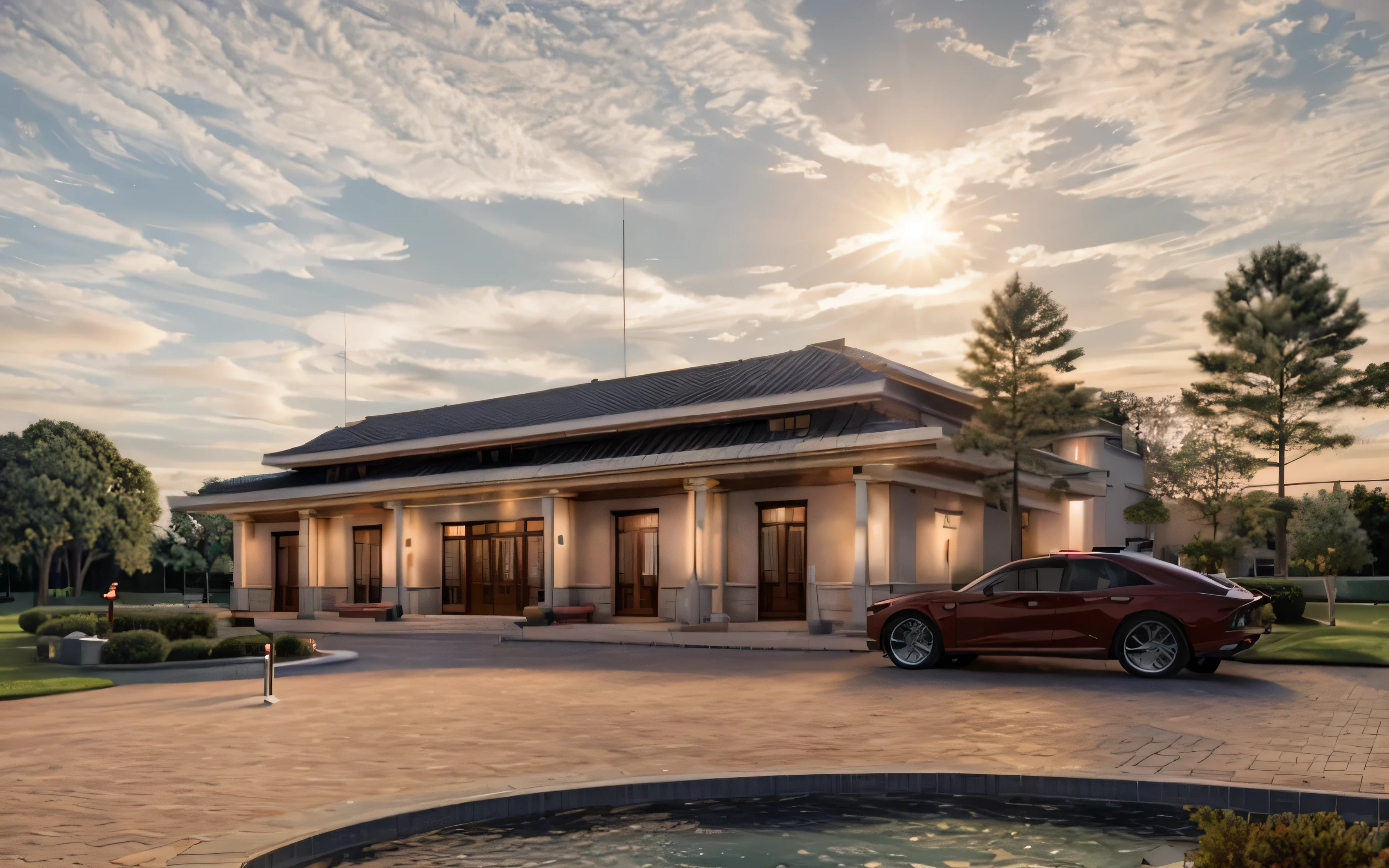 a red car parked in front of a building with a fountain, wide angle exterior 2022, neoclassical police station, exterior photography, photo from 2022, taken in the early 2020s, neo - classical style, high quality image, summer evening, award-winning masterpiece, evening sunset, majestic masterpiece, high-end onsen