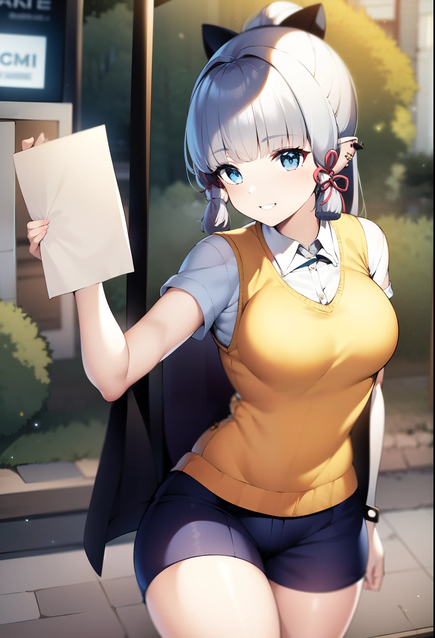 ((masutepiece, top-quality, hight resolution,1girl in,plein air, sitting on, Benches, shiny glossy skin, Huge boobs)), Coffee on the desk,
hair_Over_One_eye, bridfx, brid_nikke, Blue tie, Sleeveless,perfect hand,Upper body, Looking at Viewer