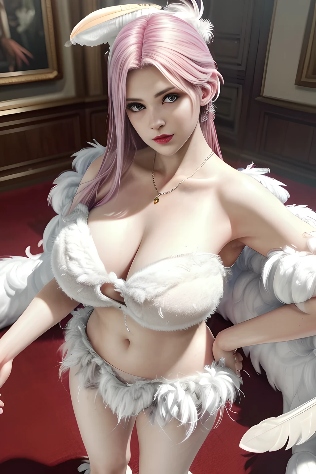 1girl,Elise,(White fluffy feather theme:1.6), (fluffy:1.7), (loose-fitting fluffy feather dress:1.4),(In the bridal chamber), (standing,sexy model pose:1.2),jewelry,grace,(((red-lips))), slightly parted lips, lewd smile, clavicle,(huge breasts),Charming cleavage,((8k, RAW photos, top quality, masterpieces), high-definition RAW color photos professional close-up photos, (realistic, photorealism: 1.37), (highest quality), (best shadows), ((erotic, sexy, ultra high resolution, high-definition CG unified 8K wallpapers, physically based rendering, movie lighting),solo,