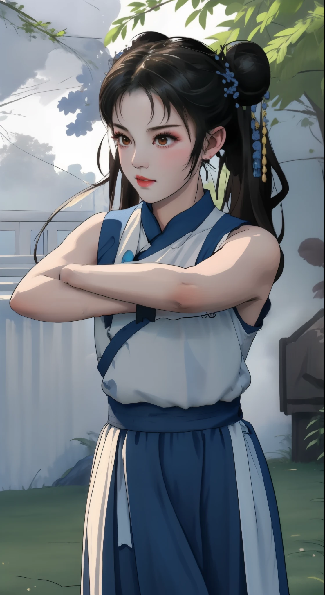 Paichang, Twin blades with blue ribbon, brown eyes, double bun,black hair, alone , Tai Chi stance, close,
Paiati,white chinese dress clothing, pink obi, pants, No sleeve,
 blue sky, cloudy, evening, grassland, 
(Extremely detailed, beautiful detailed face, masterpiece, highest quality)   Close up of cartoon character with ponytail in field, portrait of Chunli, portrait of Chunli, Chunli, Chunli, Chunli, Inspired by Li Miki, Chunli at the gym, tifa lockhart portrait, highly detailed art germ, Kunoichi, Inspired by Zhu Lian, Inspired by Wu Li