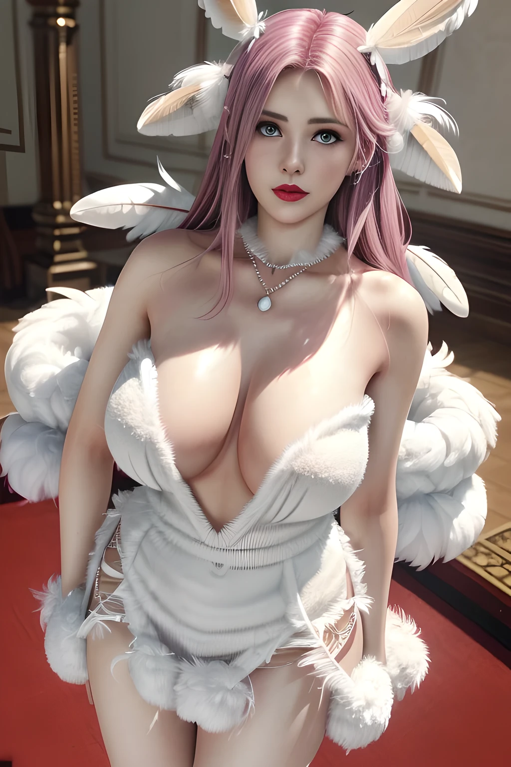 1girl,Elise,(White fluffy feather theme:1.6), (fluffy:1.7), (loose-fitting fluffy feather dress:1.4),(In the bridal chamber), (standing,sexy model pose:1.2),jewelry,grace,(((red-lips))), slightly parted lips, lewd smile, clavicle,(huge breasts),Charming cleavage,((8k, RAW photos, top quality, masterpieces), high-definition RAW color photos professional close-up photos, (realistic, photorealism: 1.37), (highest quality), (best shadows), ((erotic, sexy, ultra high resolution, high-definition CG unified 8K wallpapers, physically based rendering, movie lighting),solo,
