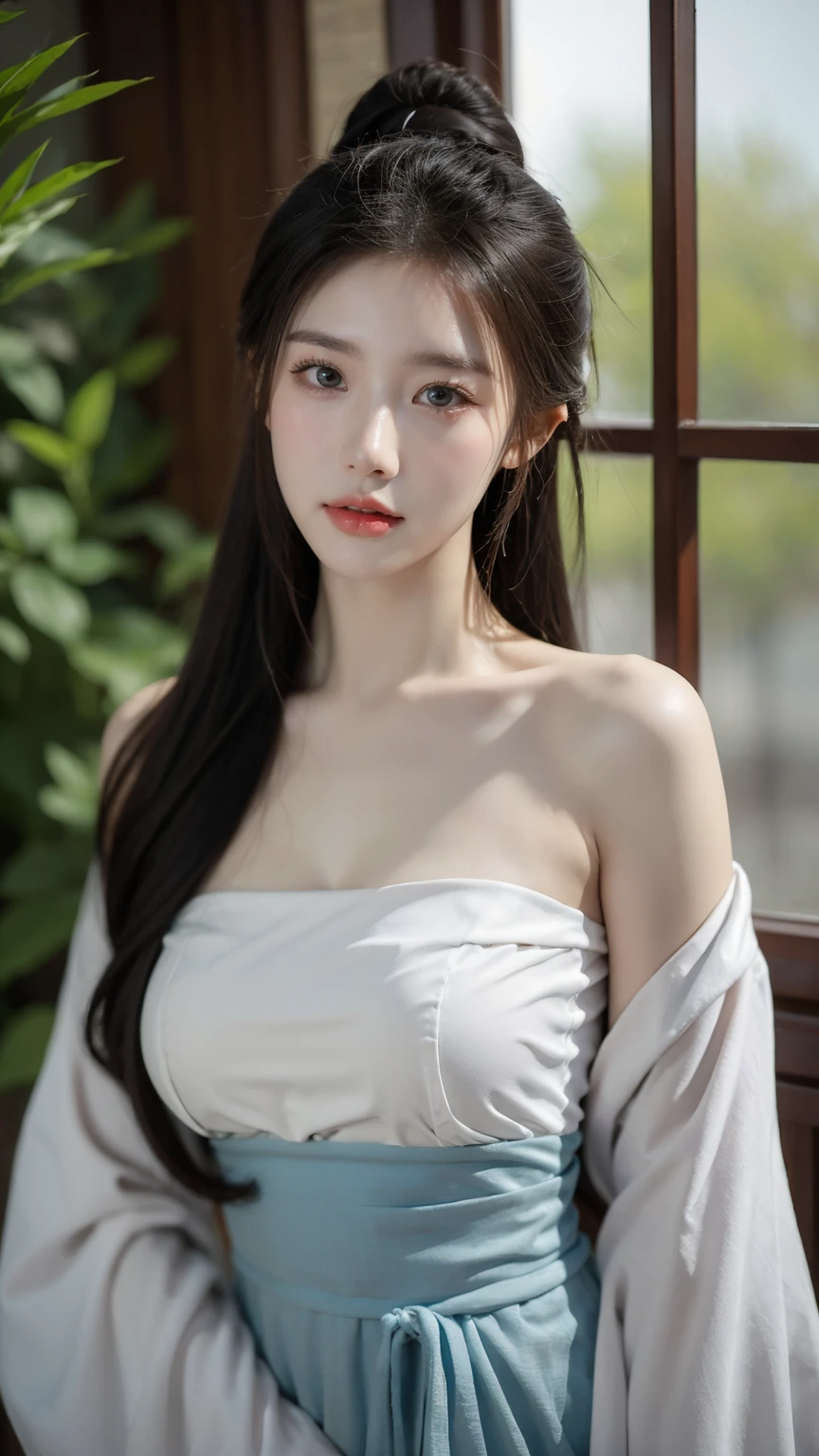 (18-year-old Chinese fashion female model),panoramic,Shoulder,perfect eyes,perfect iris,perfect lips,perfect teeth,perfect skin,White skin,soft headlights,Front light,Chinese girl,Yarn(Colorful Hanfu),(chinese woman';hairstyle),(Various dynamic poses),Background Chinese interior,Green trees outside the window,MUCH QUALITY,masterpiece,ultra high resolution,(lifelike:1.4),original photo(Super lifelike details), best quality