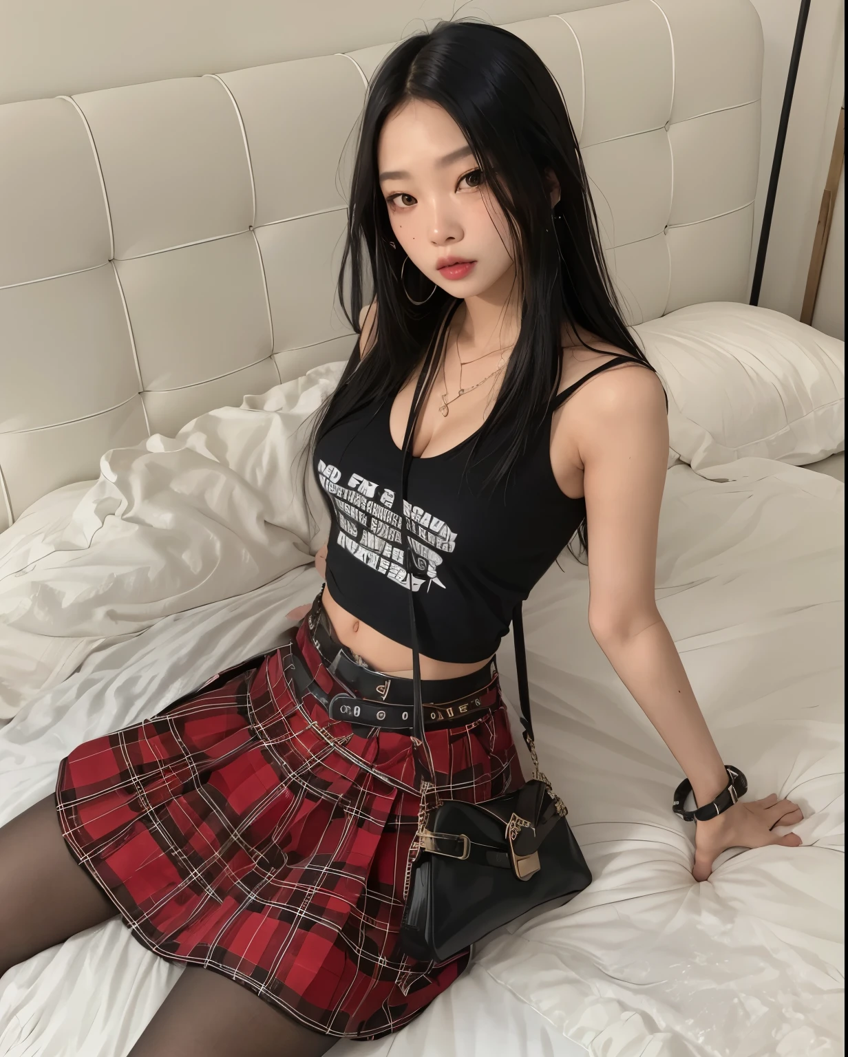 Jennie do blackpink arafada de saia e blusa preta sentada em uma cama, mulher sul coreana, modelo do instagram, saia xadrez, she is wearing a black tank top, beautiful, Cruel Korean Gothic Woman, asian women, estilo sexy, look sexy, an Asian woman, Menina coreana, vestindo uma regata preta cortada