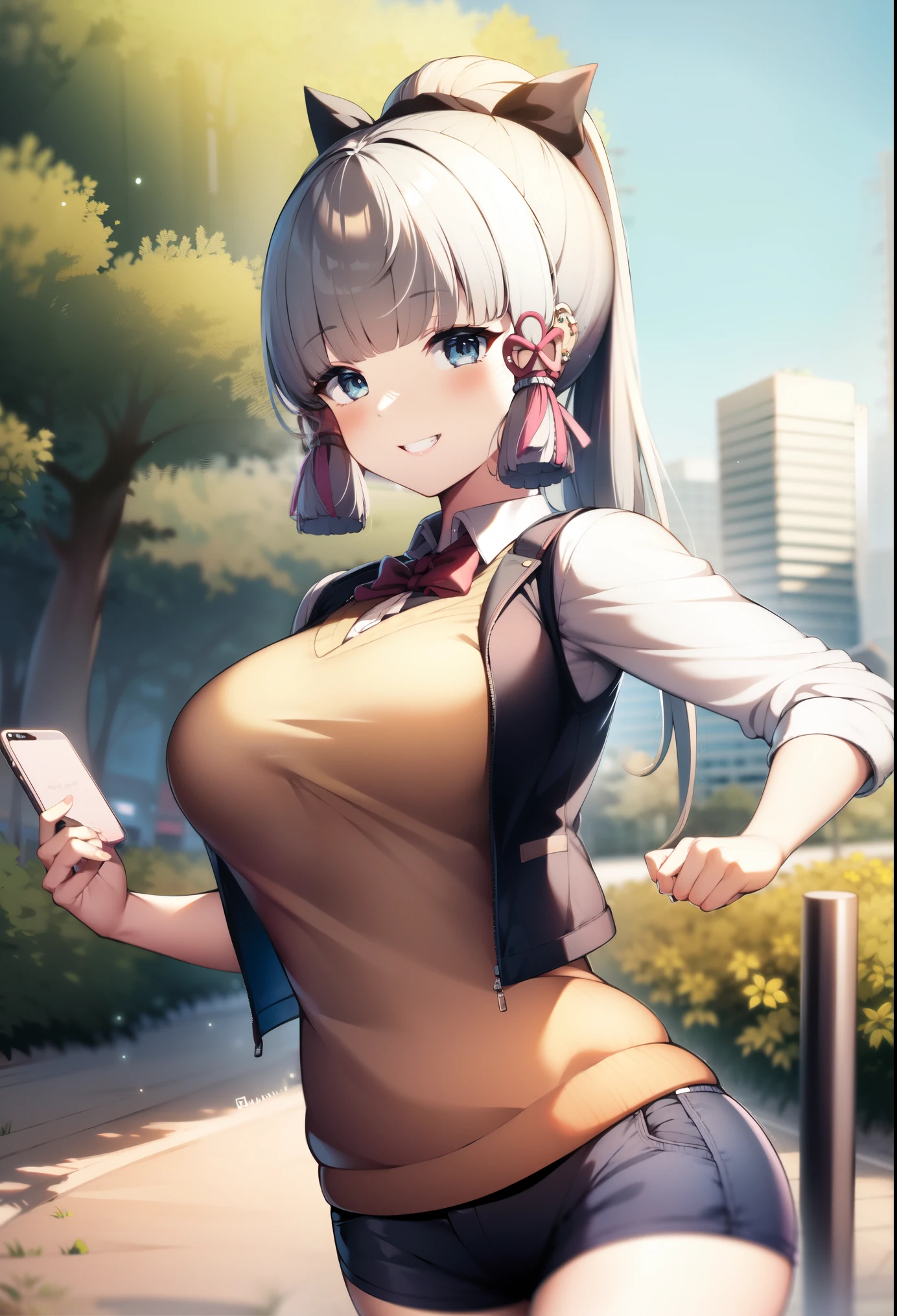 (masterpiece, best quality, Super detailed, illustration), Genshin Impact, Kami-sato_fragrance, 1 girl, alone, Hip hop hat ,cowboy shooting, ponytail, blunt bangs, blue eyes, smile, Show teeth, Eyebrows visible through hair, long hair, silver hair, piercing ears, looking at the audience, outdoor, city road, on the way, medium breasts, shorts, Stylish vest, cool jacket, stagnant, Hip hop, sexy pose, Text on the shirt,