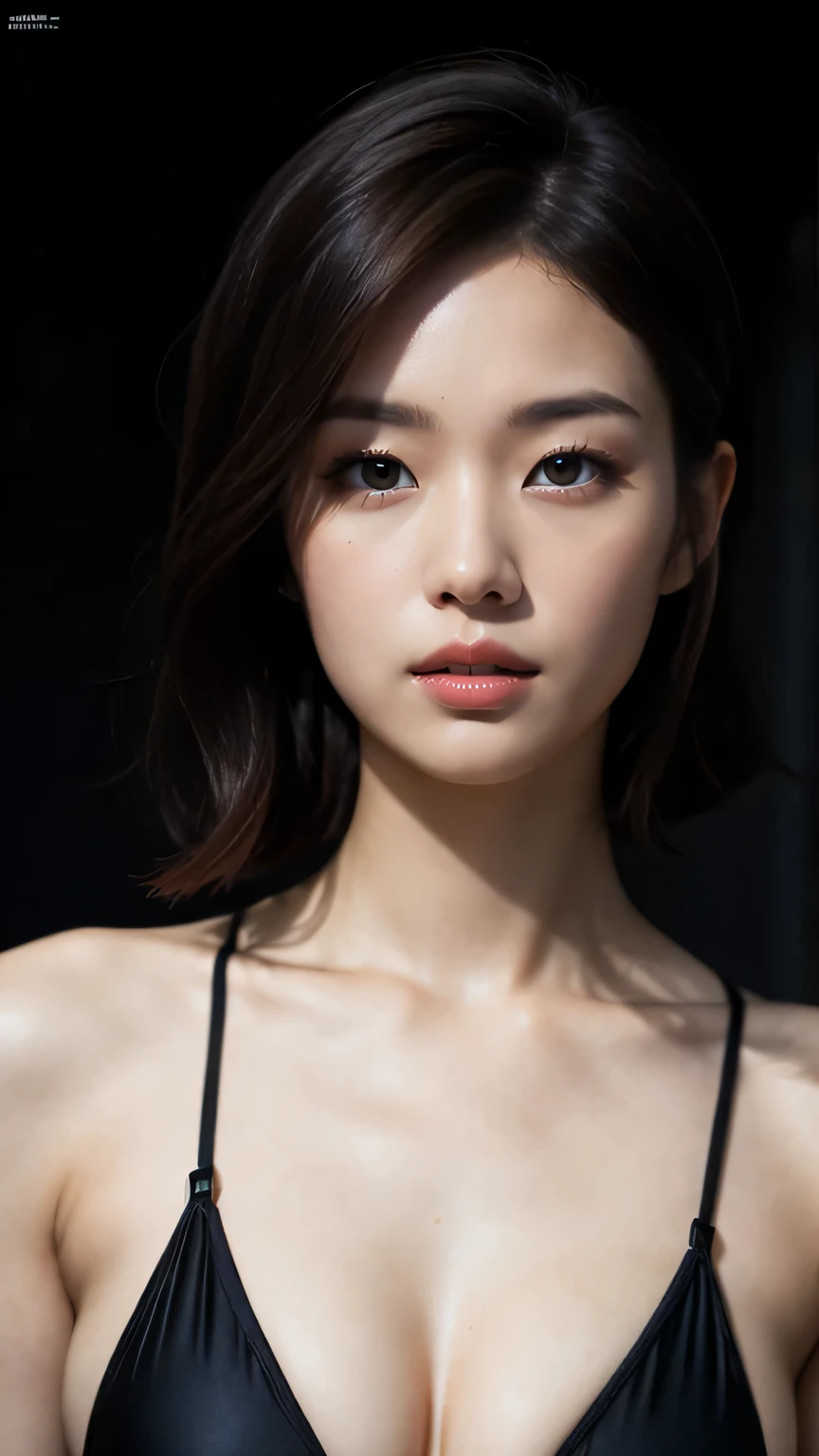 masterpiece, black hair, pure background, beautiful, elegant. Ultra-fine details, masterpieces, realistic textures, realistic cinematic lighting, perfect work, 8k, HD, delicate facial features, full body, Wavy auburn tresses, bikini