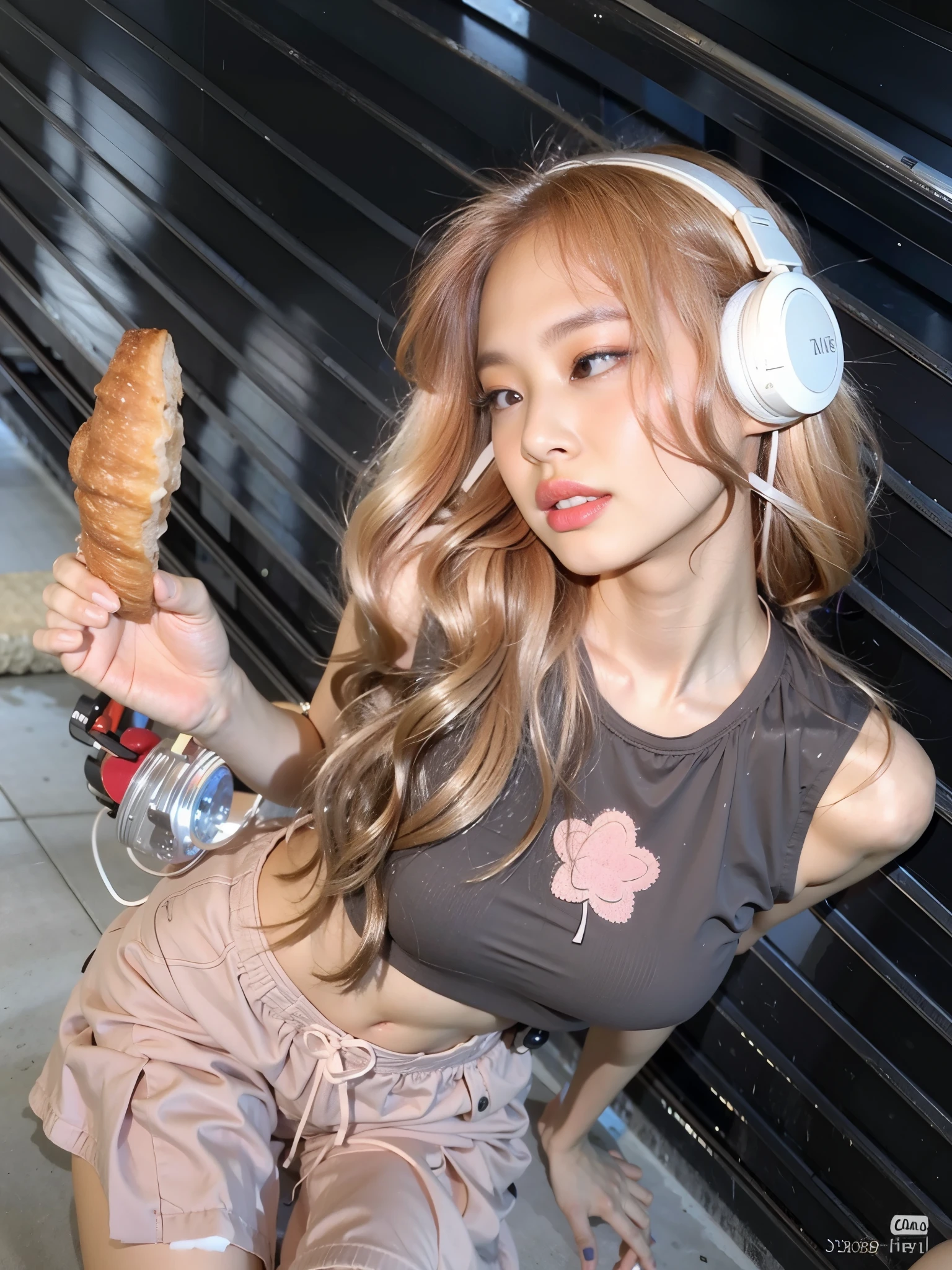 araffe girl with headphones holding a croissant and a baguet, belle delphine, Kim Jennie of blackpink, ulzzang, sakimichan frank franzzeta, ava max, anime girl in real life, sakimichan, lalisa manobal, lalisa manoban of blackpink, ig model | artgerm, korean idol, Blackpink Jennie
