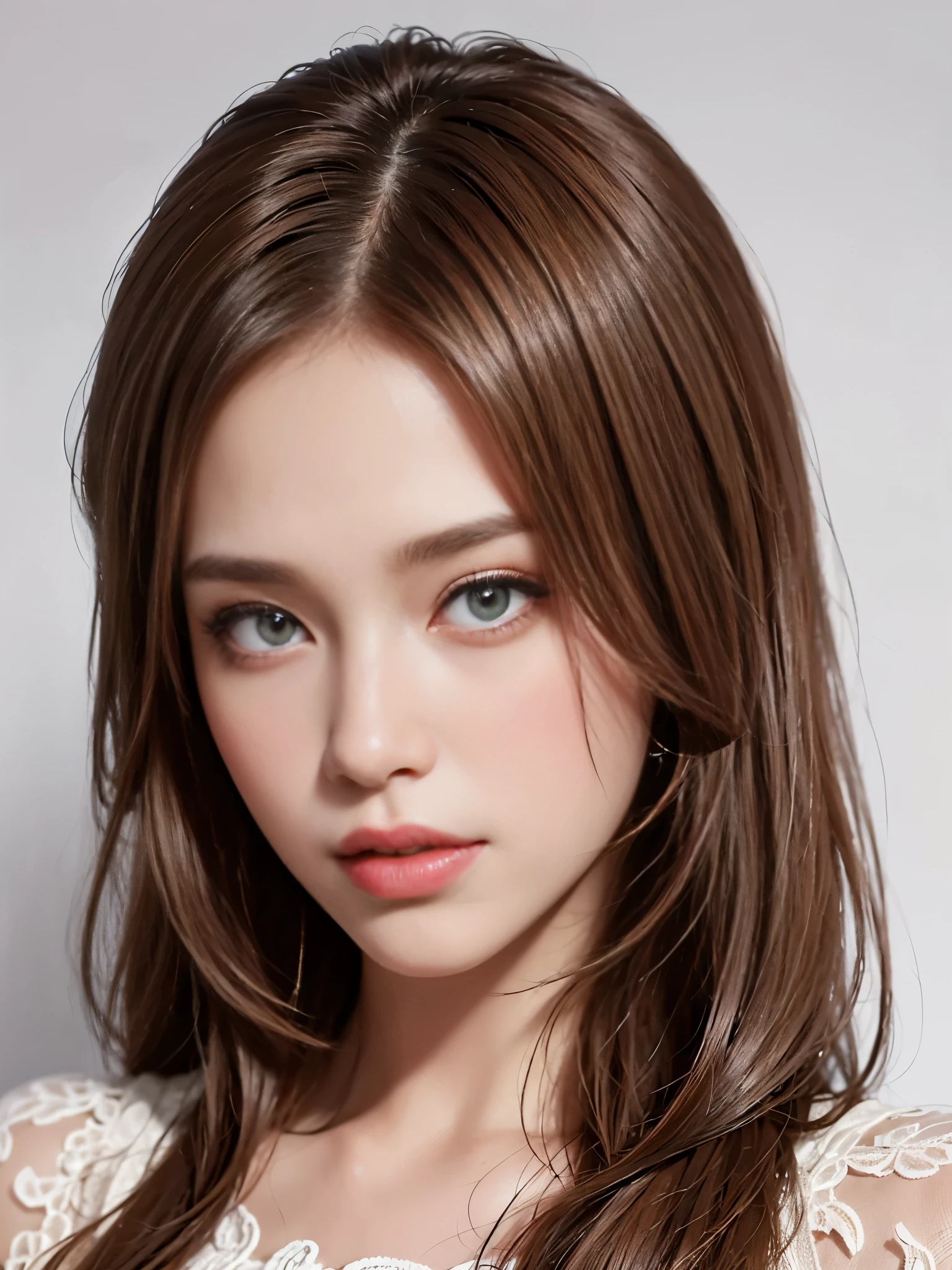 8k, 30 years old, View viewer, (((Attractive face)), Beautiful chiffon clothes, Ultra high quality, (Body from waist up)), Photo realistic, Beautiful face and eyes in every detail, (chestnut hair),One piece, (White marble background), Top quality, Very delicate and beautiful, High quality, Real, Fantasy, Real skin, Full color, Top quality, Very delicate and beautiful, Raw Photo Details, Professional Photography, Solo, Beautiful Lips, Top Quality, Real Skin, Full Color, Raw Photo Details, Realistic Photo