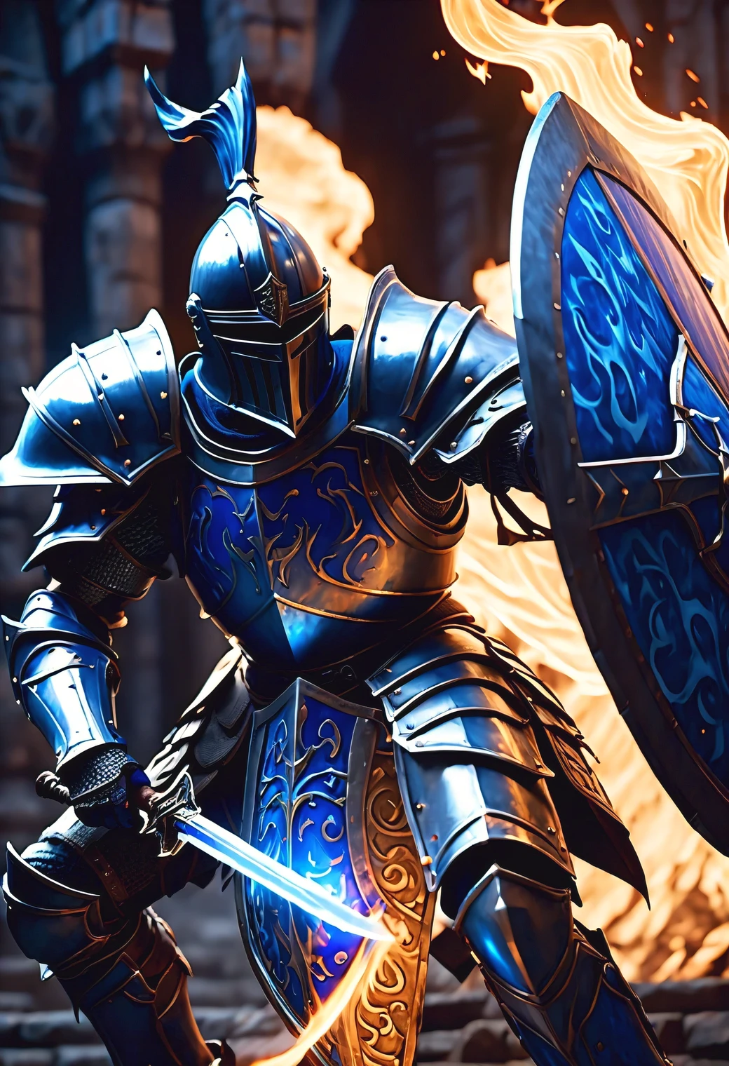 epic shot action pose a knight, (side view), full armor, helmet, (hold a big shield), (detailed shield), blue fire swirling around character, absurdres, masterpiece, best quality, high resolution, unreal engine render, high quality render, macro lens, deep focus, light particles, glow light, intricate molten dungeon background