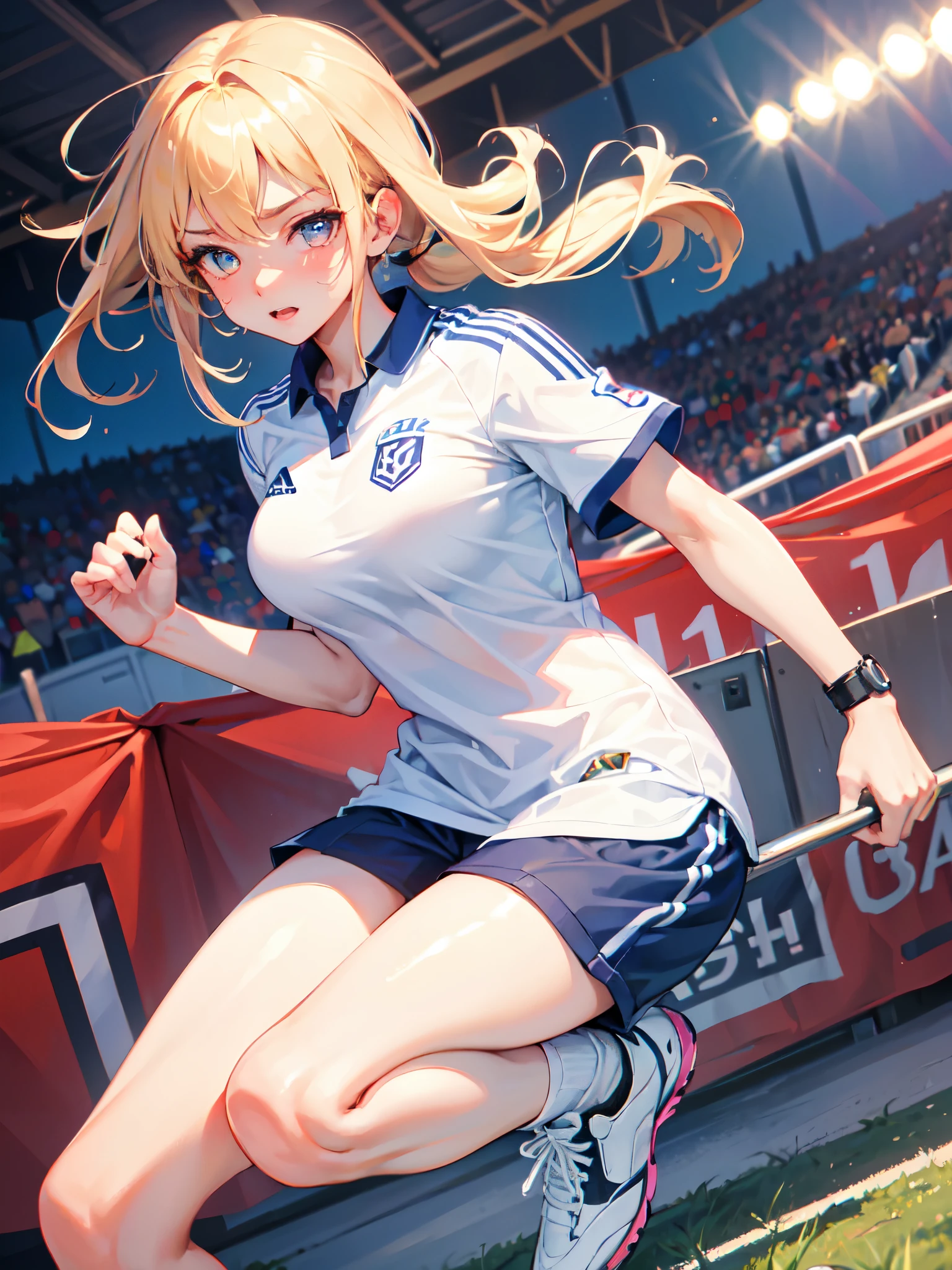 high quality,hd,16k,sharp line,1girl,female soccer athlete ,cute face, large breasts, nice legs,shoot a soccerball, sweat,in soccer venue,focus girl,detailed beautiful face,detailed clothes,beautiful eyes,pretty,dynamic angle