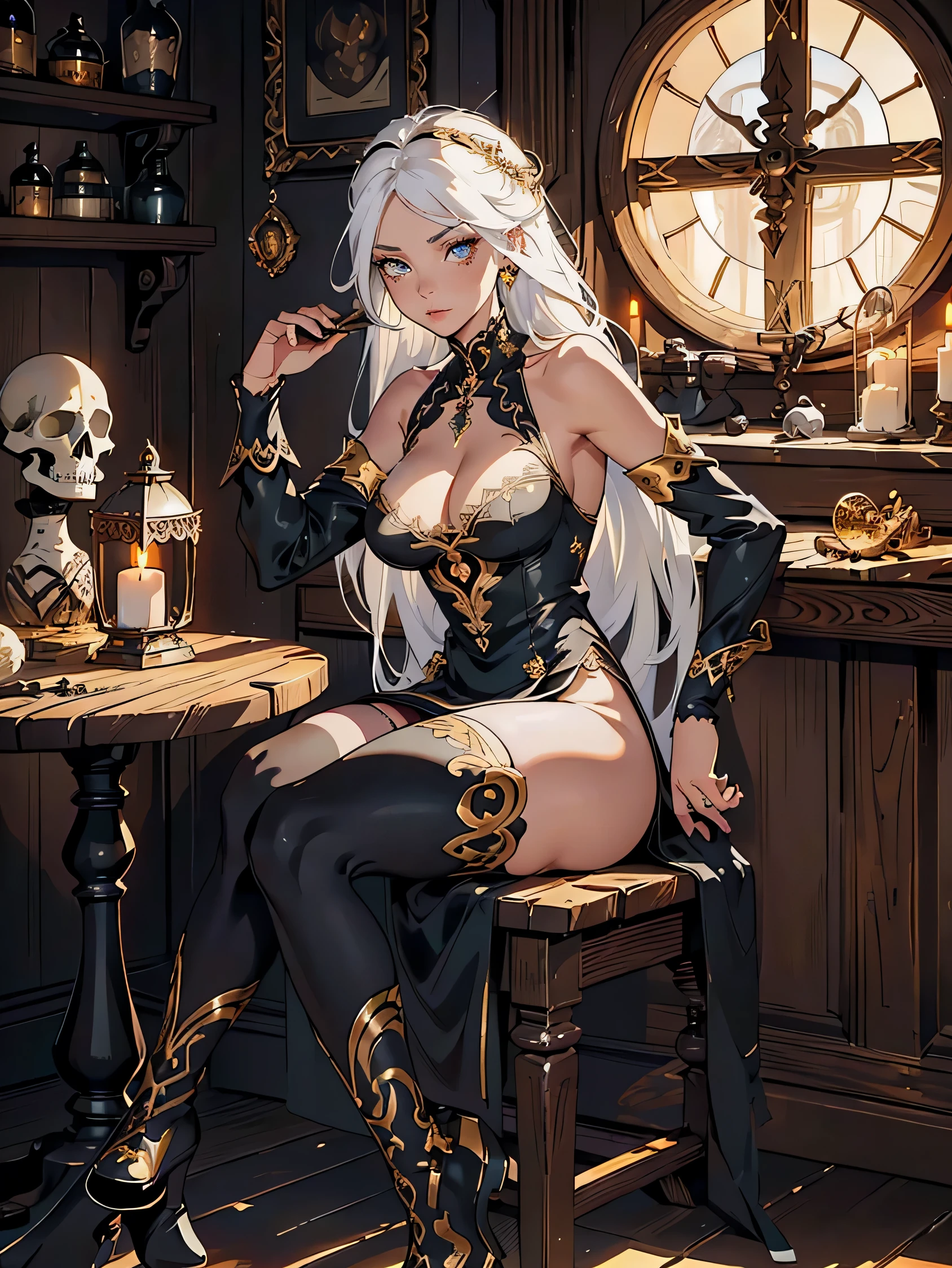 masterpiece, high quality, illustration, extremely detailed, 1_women, (full body), sitting, sitting in chair, hand on chin, (exotic skin_complexion:1.4),mature, statuesque, beautiful, exotic, curious express, nsfw, busty, chest window, ((cleavage)), and halter dress, black ((diaphanous sparkling dress)) with gold trim, (((thigh highs))), black knee_high boots, white embroidery elbow gloves, long hair, white hair, realistic and detailed face having ((hazel_eyes)), ((dark_eyeliner)), long_eyelashes, dynamic lighting casts detailed shadows, rustic room, wooden table, crystal ball, rustic gypsy hut, candles, candle light, clocks on walls, skulls, potions, curtains, colored smoke in the air,