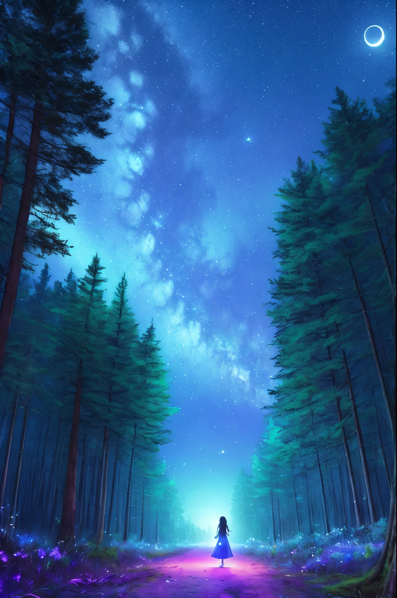 Under the vast and infinite expanse of the starry night sky, a young child named Mia embarked on an extraordinary adventure with her enchanting companion, a large black cat named Luna. Luna, with her eyes as bright and captivating as the stars themselves, shimmered with intricate details that seemed to dance under the moonlight.
The child's heart was filled with wonder as she followed Luna deeper into the magical forest, the trees towering above them like ancient sentinels guarding their secret. Luna led Mia through a hidden clearing, illuminated by the gentle glow of fireflies blinking in rhythm with their footsteps. The night was alive with the sym