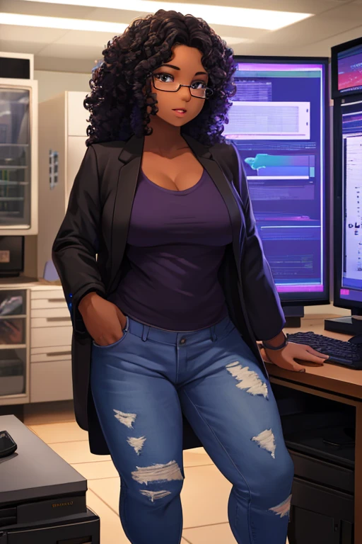 1 girl, curvy, black hair, curly hair, square glasses, latina, dark skin, lab coat, purple t-shirt, lab equipment, computer screens, ripped jeans, test tubes, holding test tube, standing in front of computer, detailed eyes, detailed lips, ultra-detailed, realistic, vivid colors, studio lighting, medium: oil painting, vibrant color palette, soft natural lighting