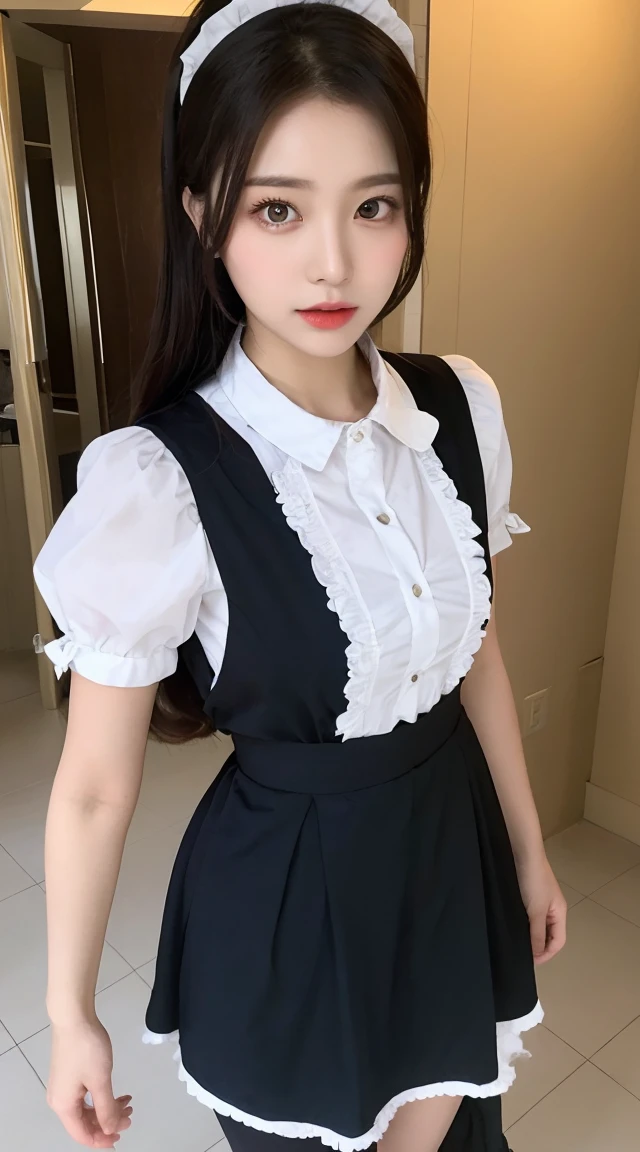 Beautiful asian girl cosplay maid look at viewer full body perfect face long hair black smooth face costume maid style reality picture full 32k best quality