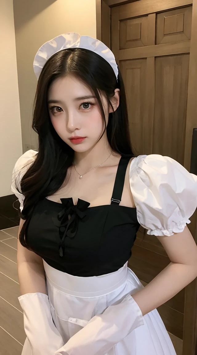 Beautiful asian girl cosplay maid look at viewer full body perfect face long hair black smooth face costume maid style reality picture full 32k best quality