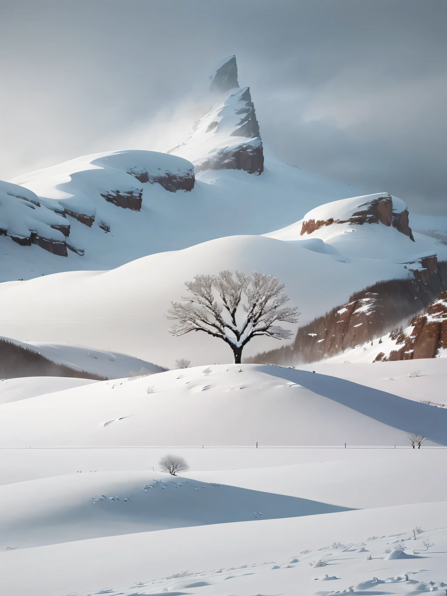 snowy landscape with a lone tree in the middle of the snow, lpoty, snow blizzard, snow dunes, snow landscape, snow storm, snowstorm, by Cheng Jiasui, stormy snowy weather, snowstorm ::5, tree, in the middle of a snow storm, fan ho photography, surreal frozen landscape, snowy landscape, snow wasteland, cold stormy wind