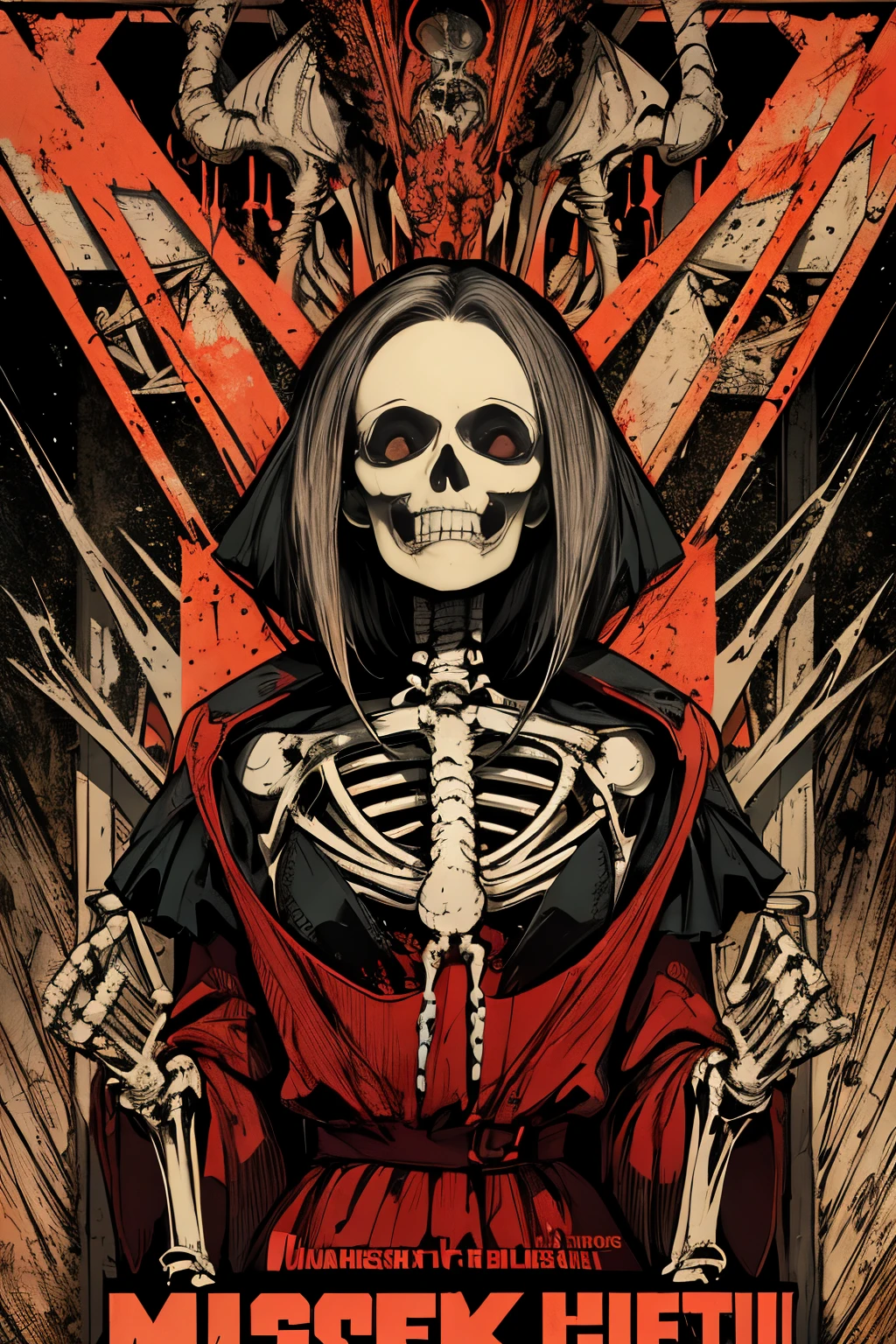 (Masterpiece, Best Quality), 8k Wallpaper, highly detailed, poster, skeleton, vintage horror, 1940s, gothic horror thriller cinematic movie poster, Bauhaus, shapes, lines, abstract, propaganda, gothic, movie poster, vintage, blood, vampire, horror, double exposure, low angle shot.