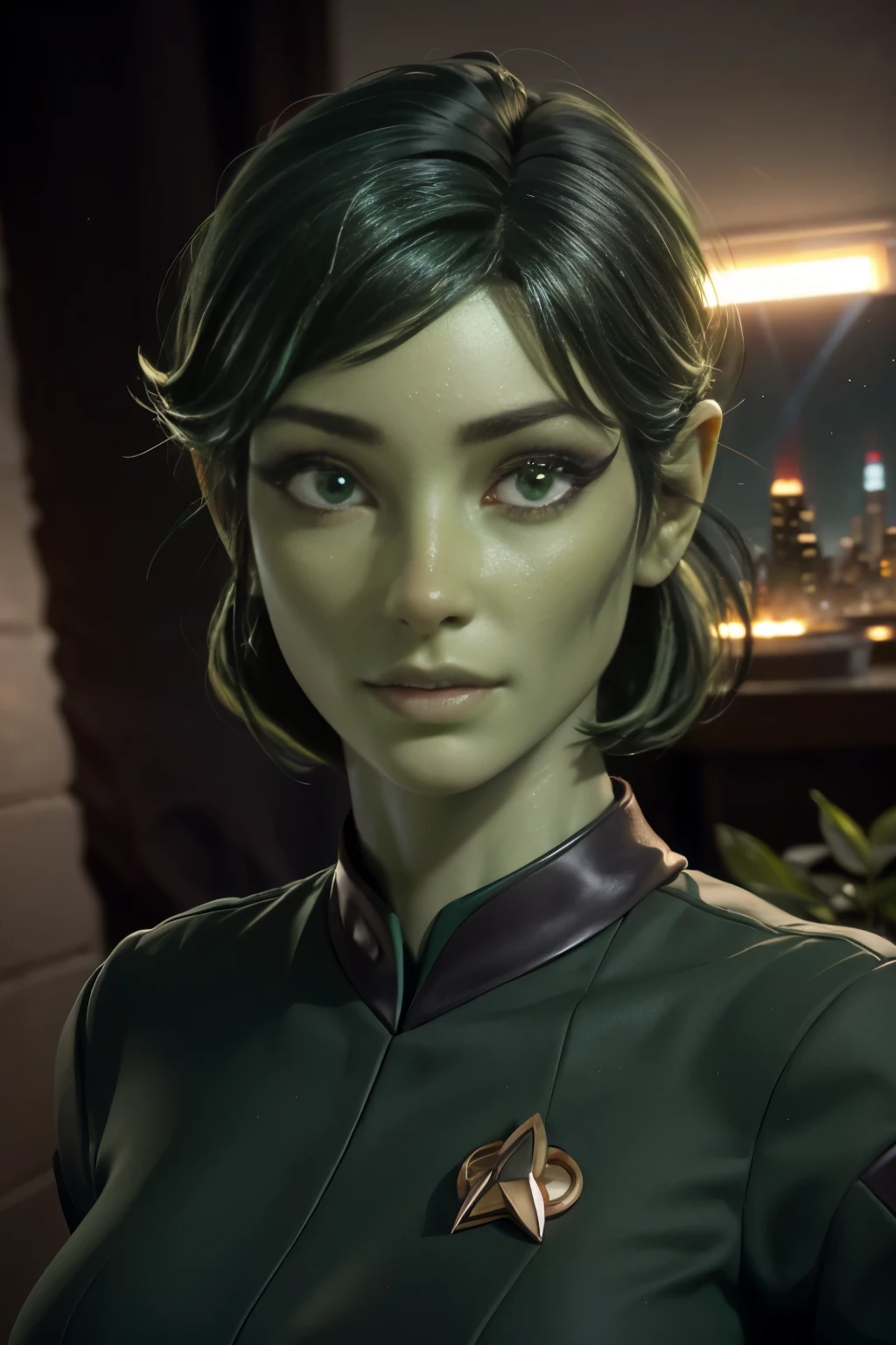 photo of Morgpie, Orion from star trek, RAW, beautiful woman, ((portrait)), ((detailed face:1.2)), (short shaved dark forest green hair:1.3), ((detailed facial features, detailed vibrant green skin, emerald green skin skin:1.5), (perfect proportioned body), (wearing a Starfleet uniform) (high detailed city environment, apartment balcony), (realistic photo, best quality, detailed), (8k wallpaper), (cinematic lighting, dramatic lighting) (sharp focus, intricate)