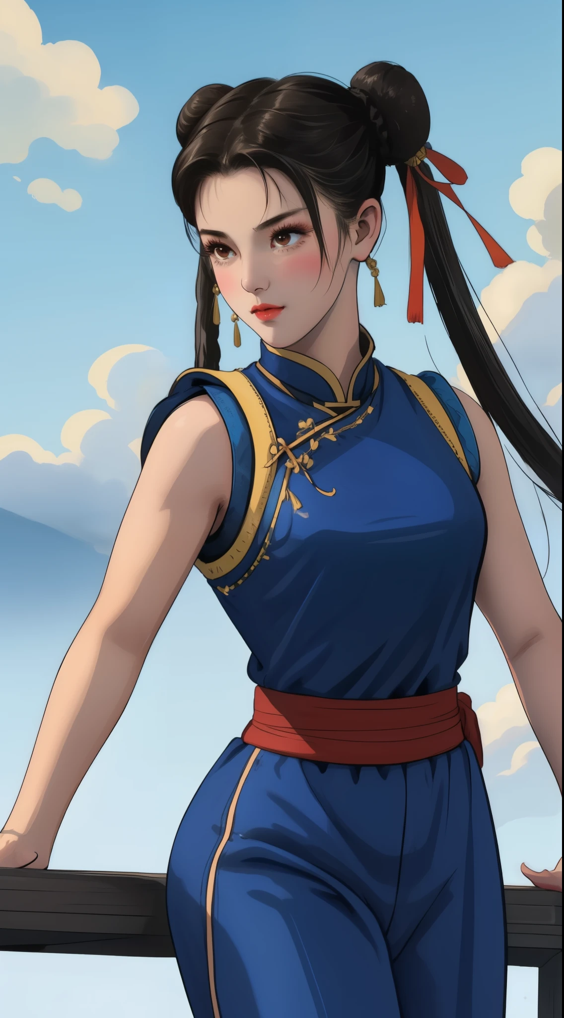 Paichang, Twin blades with blue ribbon, brown eyes, double bun,black hair, alone , Tai Chi stance, close,
Paiati,blue chinese dress, Red band, pants, No sleeve,
 blue sky, cloudy, evening, grassland, 
(Extremely detailed, beautiful detailed face, masterpiece, highest quality)   Close up of cartoon character with ponytail in field, portrait of Chunli, portrait of Chunli, Chunli, Chunli, Chunli, Inspired by Li Miki, Chunli at the gym, tifa lockhart portrait, highly detailed art germ, Kunoichi, Inspired by Zhu Lian, Inspired by Wu Li