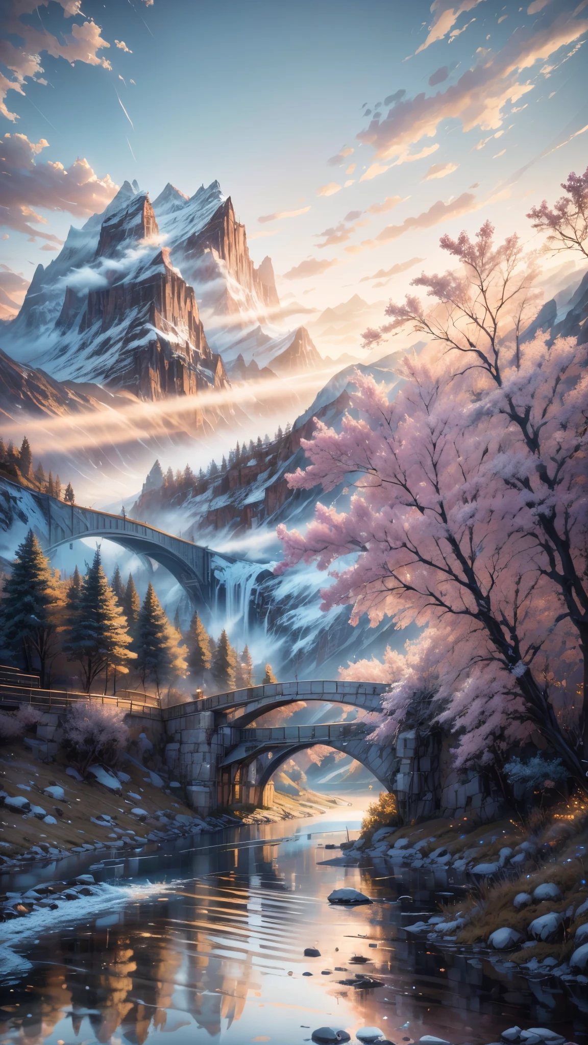 painting of a bridge over a river with a mountain in the background, beautiful art uhd 4 k, scenery artwork, anime art wallpaper 4 k, anime art wallpaper 4k, detailed painting 4 k, 8k high quality detailed art, anime art wallpaper 8 k, anime landscape wallpaper, 4k detailed art, 4k highly detailed digital art, anime beautiful peace scene