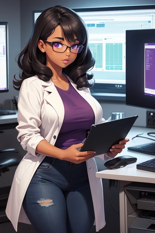 1_girl curvy black_hair curly_hair square_glasses latina brown_skin labcoat purple t-shirt lab_equipment computer screens ripped_jeans test_tubes holding test_tube standing in front of computers looking at computer, looking away from camera