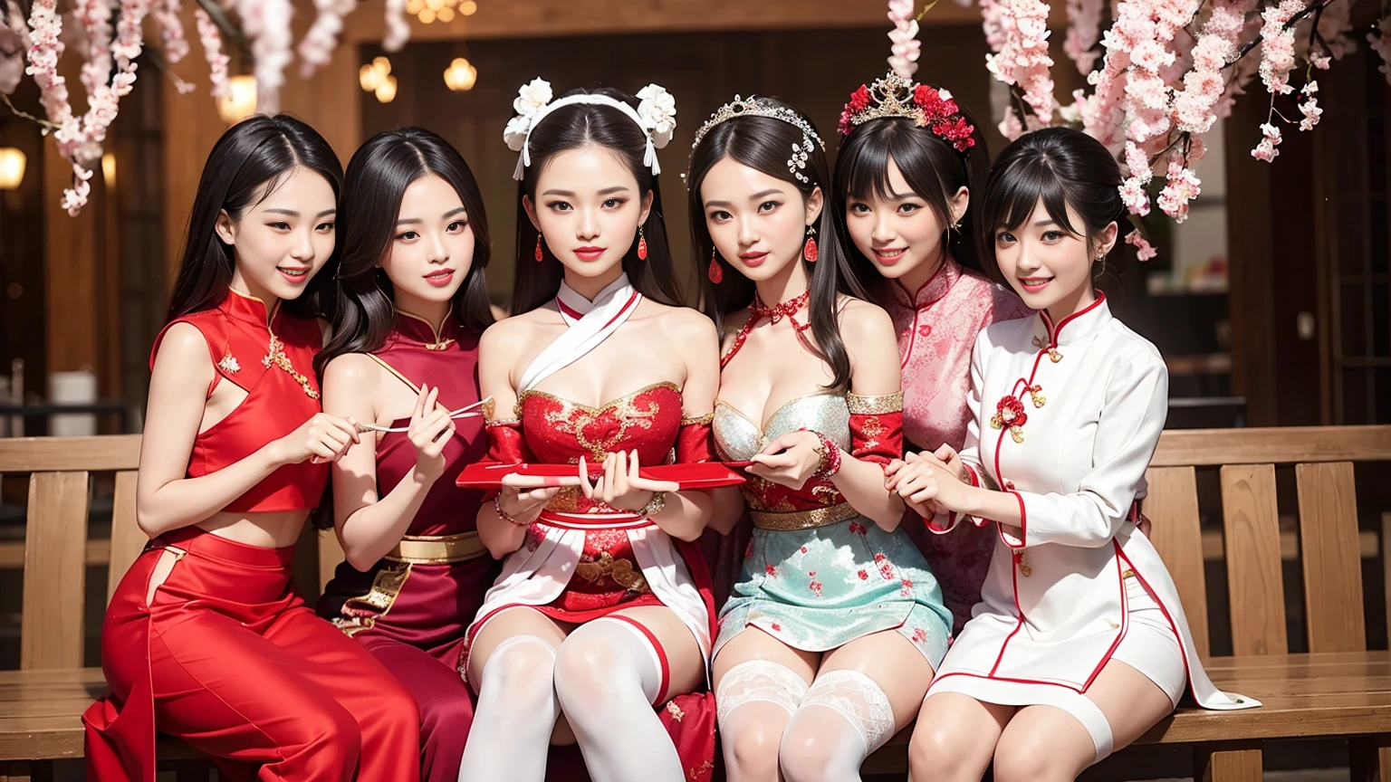 The beautiful women of China gather together, shining like the brightest stars in the night sky, illuminating their surroundings with their unique brilliance and blending into the festive atmosphere of the Spring Festival. They are dressed in exquisite and elegant white silk stockings and red skirts