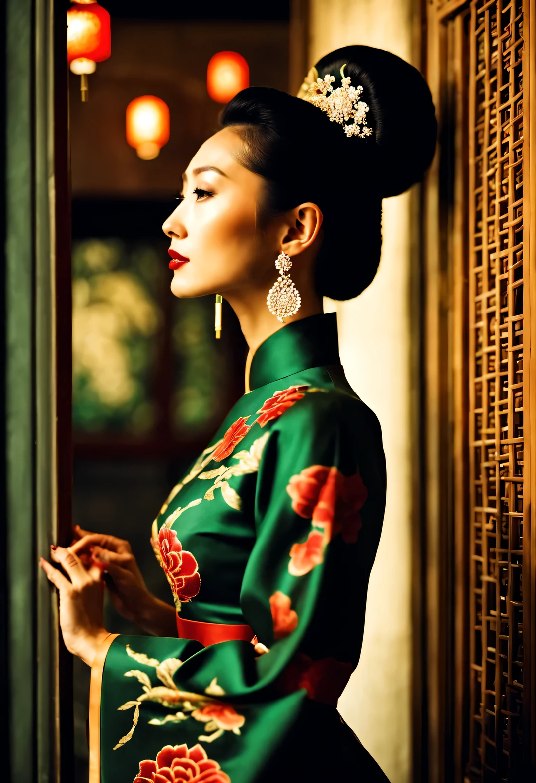 （In the 1940s, a fashionable Shanghai beauty wearing a Chinese cheongsam stood with her face facing the wall and her whole body meditating.），（Slender and graceful figure from the side of the whole body）），Beautiful decadent temperament，（Fashionable high bun in Shanghai during the period），The cheongsam grows with the body，（Looks like actress Maggie Cheung），The image is influenced by the style of the 1950s，（Wong Kar-wai""），Her whole body is a combination of dark red and dark green，She is a sexy and intellectual beauty，retro style photos，The eyes are like silk，This photo has a retro color aesthetic，In the summer，An ingenious combination of beautiful and luxurious night scenes and light and shadow，and narrative shooting techniques，The woman in the photo is wearing a cheongsam with a high collar，Very similar to the beautiful girl Maggie Cheung，The pattern of Chinese cheongsam is Suzhou embroidery hand-carved with roses，Earrings to express your personality，Shoes and bags match the overall design，The style of this photo is similar to Hermè&#39;s，