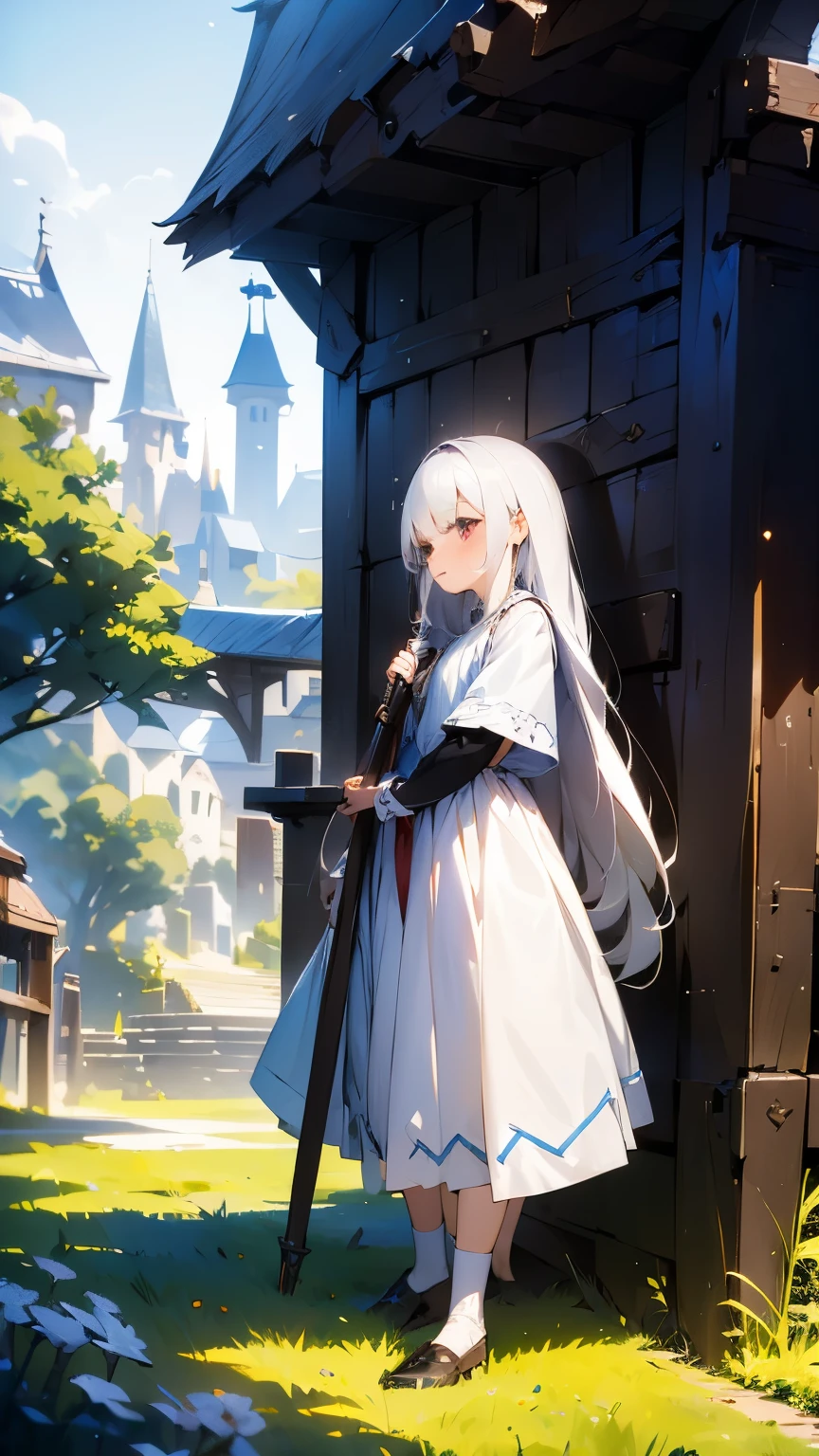 masterpiece, best quality, 1 girl,white hair,cute,long hair,loli,(Magic makes),plainly dressed,Looking into the distance,Medieval pastoral,Vision