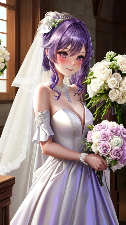 (highest quality,4K,8K,High resolution,masterpiece),2 people,super detailed,, straight, smiling,face focus, (,character_concentrated),beautiful girl,enchantment,fascinating,cheerfulness,Sacred,magic effect,purple hair,hair ornaments,(((wedding gown))),プリンセスライン・Wedding dress,Sophisticated clothing,detailed lace,Bedroom,Lonely,in the middle of the night,lace pantyhose,Sacred縞模様,see-through transparent clothes,(bride, Wedding dress, bouquet,:1.3)church,Keqing,Genshin,keqing Genshin