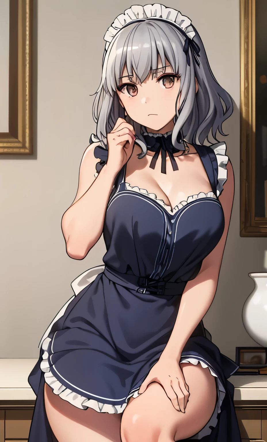 Top quality, (Masterpiece: 1.2), Very detailed, Own room, 1 girl, Solo, (muse), MILF, frown, watch the viewer, gray hair, ,Fine skin,A sexy, maid, maid apron, Maid headdress, silver eyes, light in the eyes, realistic, from the knees up, glowing skin, fair skin, (medium breasts). ultra-realistic, realistic, photorealistic, portrait, blur