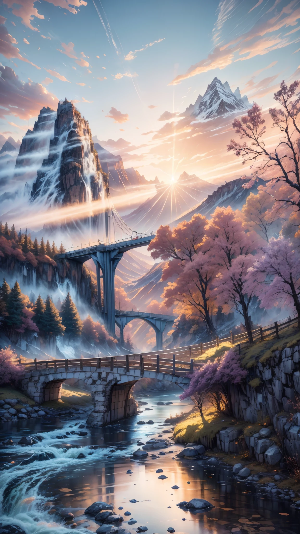 painting of a bridge over a river with a mountain in the background, beautiful art uhd 4 k, scenery artwork, anime art wallpaper 4 k, anime art wallpaper 4k, detailed painting 4 k, 8k high quality detailed art, anime art wallpaper 8 k, anime landscape wallpaper, 4k detailed art, 4k highly detailed digital art, anime beautiful peace scene