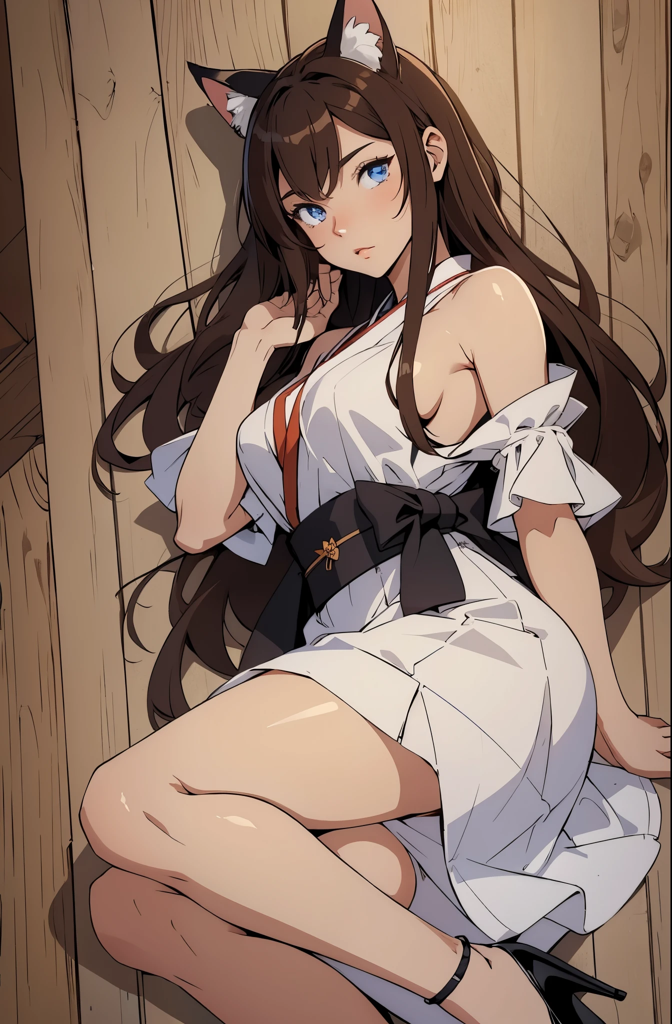 Girl with cat ears (cat ears), long brown hair, blue eyes, height 172cm, fair skin, white dress, Japanese clothing, high heels