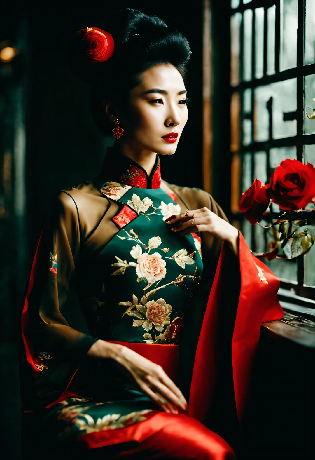 background：There is only one wall，（In the 1940s, a fashionable Shanghai beauty wearing a Chinese cheongsam looked at the wall and thought about her past.），（Slender and graceful figure from the side of the whole body）），Beautiful decadent temperament，（Fashionable high bun in Shanghai during the period），The cheongsam grows with the body，（Looks like actress Maggie Cheung），The image is influenced by the style of the 1950s，（Wong Kar-wai""），Her whole body is a combination of dark red and dark green，She is a sexy and intellectual beauty，retro style photos，The eyes are like silk，This photo has a retro color aesthetic，In the summer，An ingenious combination of beautiful and luxurious night scenes and light and shadow，and narrative shooting techniques，The woman in the photo is wearing a cheongsam with a high collar，Very similar to the beautiful girl Maggie Cheung，The pattern of Chinese cheongsam is Suzhou embroidery hand-carved with roses，Earrings to express your personality，Shoes and bags match the overall design，