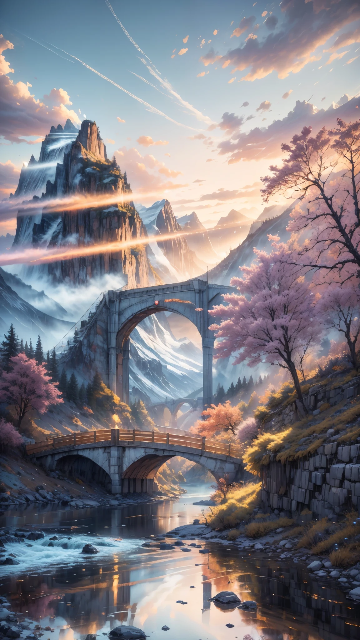 painting of a bridge over a river with a mountain in the background, beautiful art uhd 4 k, scenery artwork, anime art wallpaper 4 k, anime art wallpaper 4k, detailed painting 4 k, 8k high quality detailed art, anime art wallpaper 8 k, anime landscape wallpaper, 4k detailed art, 4k highly detailed digital art, anime beautiful peace scene