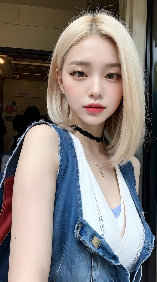 Upper body, newspaper background, beautiful Asian girl photos, cool feelingadvanced photos, western beauty, shoulder length white hair with a pinch of bluered suspender sleeveless vest, Jean jacket, white lace line around the neck, artistSargent's color, realistic facial features, beautiful lights, extremely beautiful facialdetails and delicate eyes, clear and three-dimensional facial features, 32K