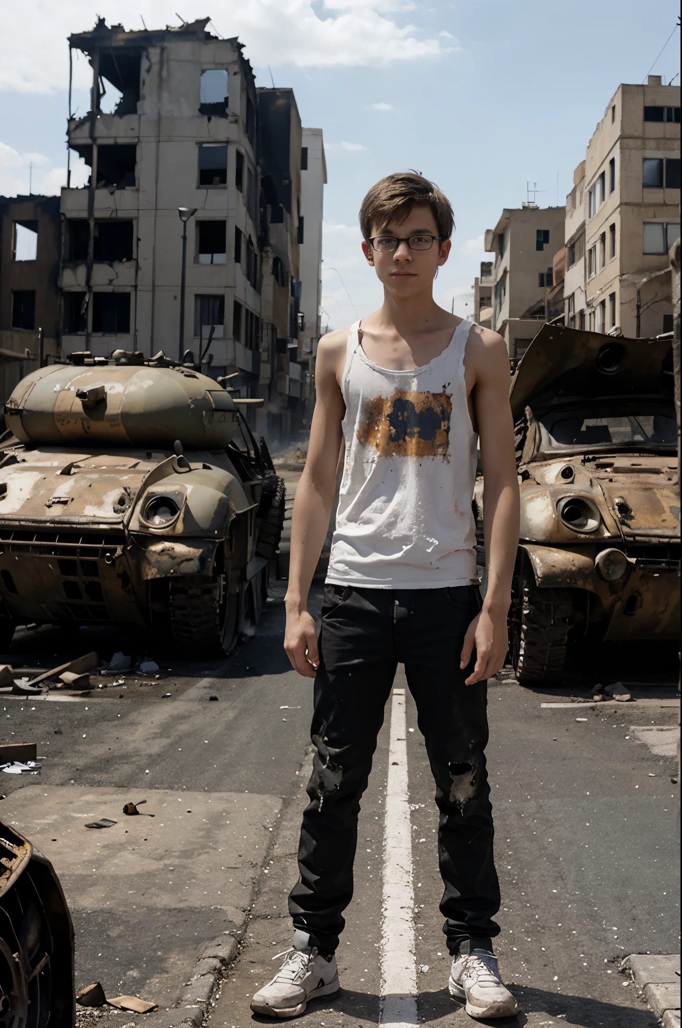 a white-skinned, thin teenage boy with glasses stands against the backdrop of burnt tanks on a destroyed street