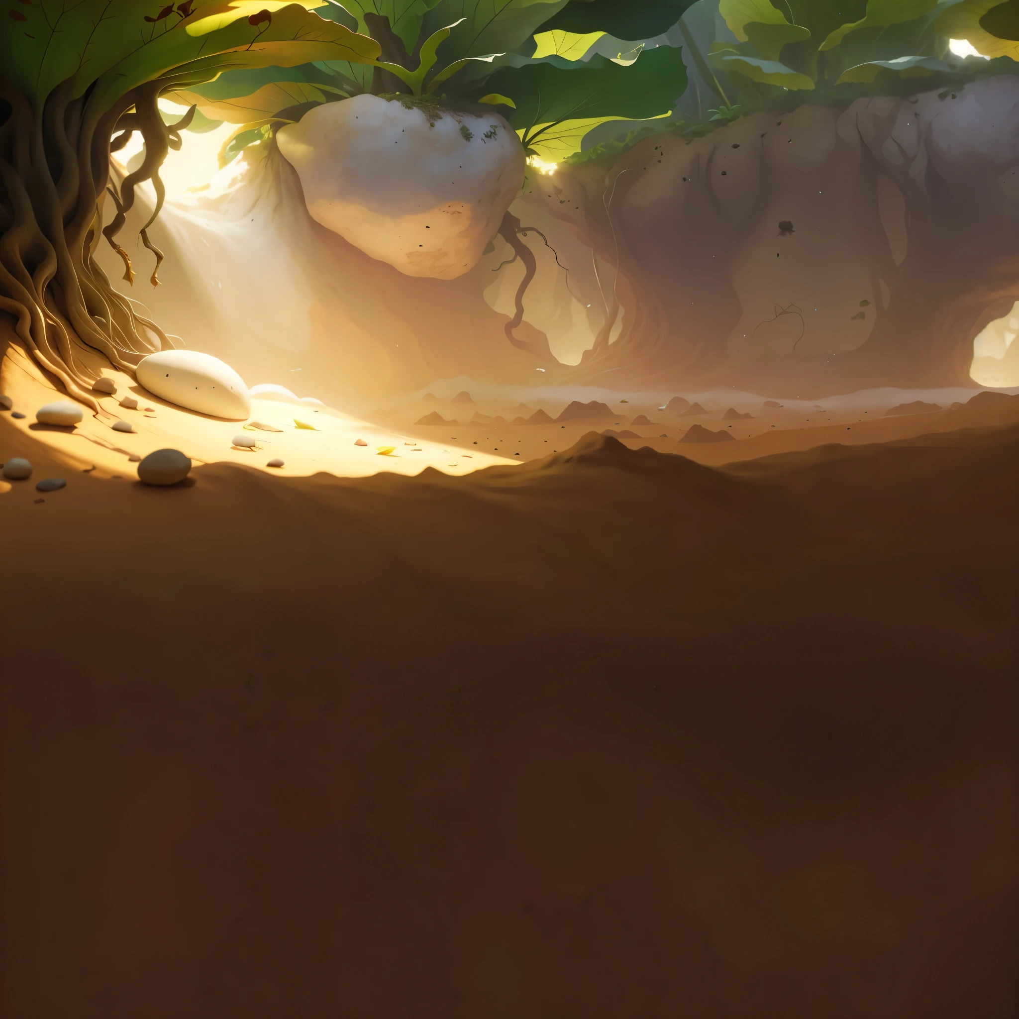 Realistic,Microcosm,big leafs,root system,earthy,earthy地面。
