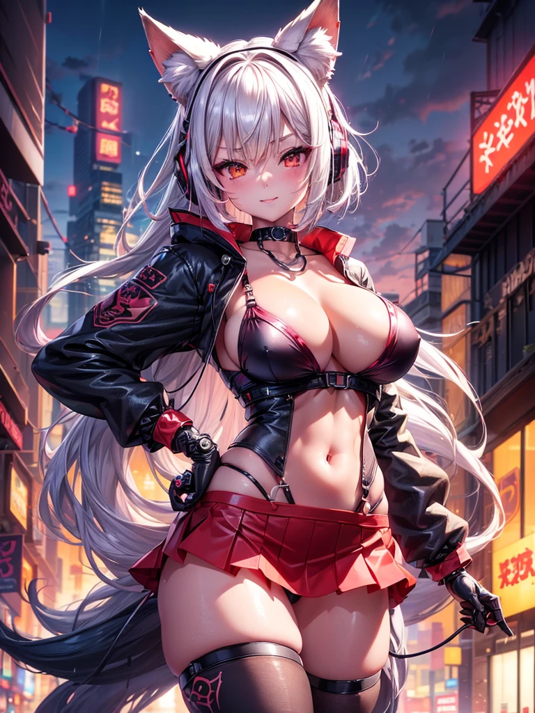 8K、master piece、highest quality、highest level、Highest image quality、muste piece、intricate details、high resolution、depth field、Natural light、professional lighting、(1 person)、solo、Anglo-Saxon girlish girl、(cute:1.2)、very beautiful 18 year old cartoon girl、(high detail skin: 1.2)、Photorealistic anime girl rendering、Realistic anime 3D style、bob cut、、beautiful bright blonde hair、強烈なred eyes、strong eye highlights、very big breasts、perfect anatomy、((black jacket、Wearing fancy underwear and detailed panties、supple and thin fabric、black mini skirt、metal accessories、))、decorative choker、hands behind the back、Beautiful platinum blonde hair、long hair、crossed bangs、asymmetrical bangs、bob cut、stick out ears、eyelashes、red eyes、fox ears、very mysterious smile、Attractive、(sophisticated headphones)、Body shiny with oil、(detailed bra、black mini skirt)、((Inspired by Shirow Masamune))、girl in cyberpunk armor、Epic battle fantasy Natalie、((rogue anime girl、bad pose))、A big city where you can see the sunset at 6 p.m.、red sunset clouds、it's raining、The body gets wet from the rain、Decadent and futuristic urban area in the evening、(cyberpunk city)、(Futuristic cars、flashing red light)、(Lightning is glowing)、(Flashing blue and purple neon tubes)、(kitsune), (white fox behind),