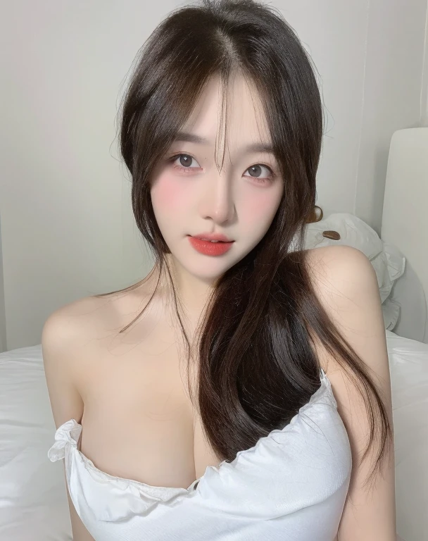 (realistic、high resolution:1.3)、 1 girl with perfect figure、selfee、Long、((white skin:1.3))、Huge breasts:1.3、white bikini、looking at viewers、super fine face and eyes、long hair、 in bedroom, sit on the bed、exposed cleavage、upper body、half body