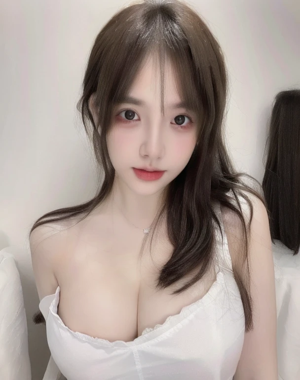 (realistic、high resolution:1.3)、 1 girl with perfect figure、selfee、Long、((white skin:1.3))、Huge breasts:1.3、white bikini、looking at viewers、super fine face and eyes、long hair、 in bedroom, sit on the bed、exposed cleavage、upper body、half body