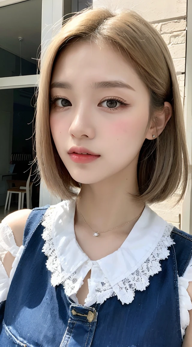 Upper body, newspaper background, beautiful Asian girl photos, cool feelingadvanced photos, western beauty, shoulder length white hair with a pinch of bluered suspender sleeveless vest, Jean jacket, white lace line around the neck, artistSargent's color, realistic facial features, beautiful lights, extremely beautiful facialdetails and delicate eyes, clear and three-dimensional facial features, 32K