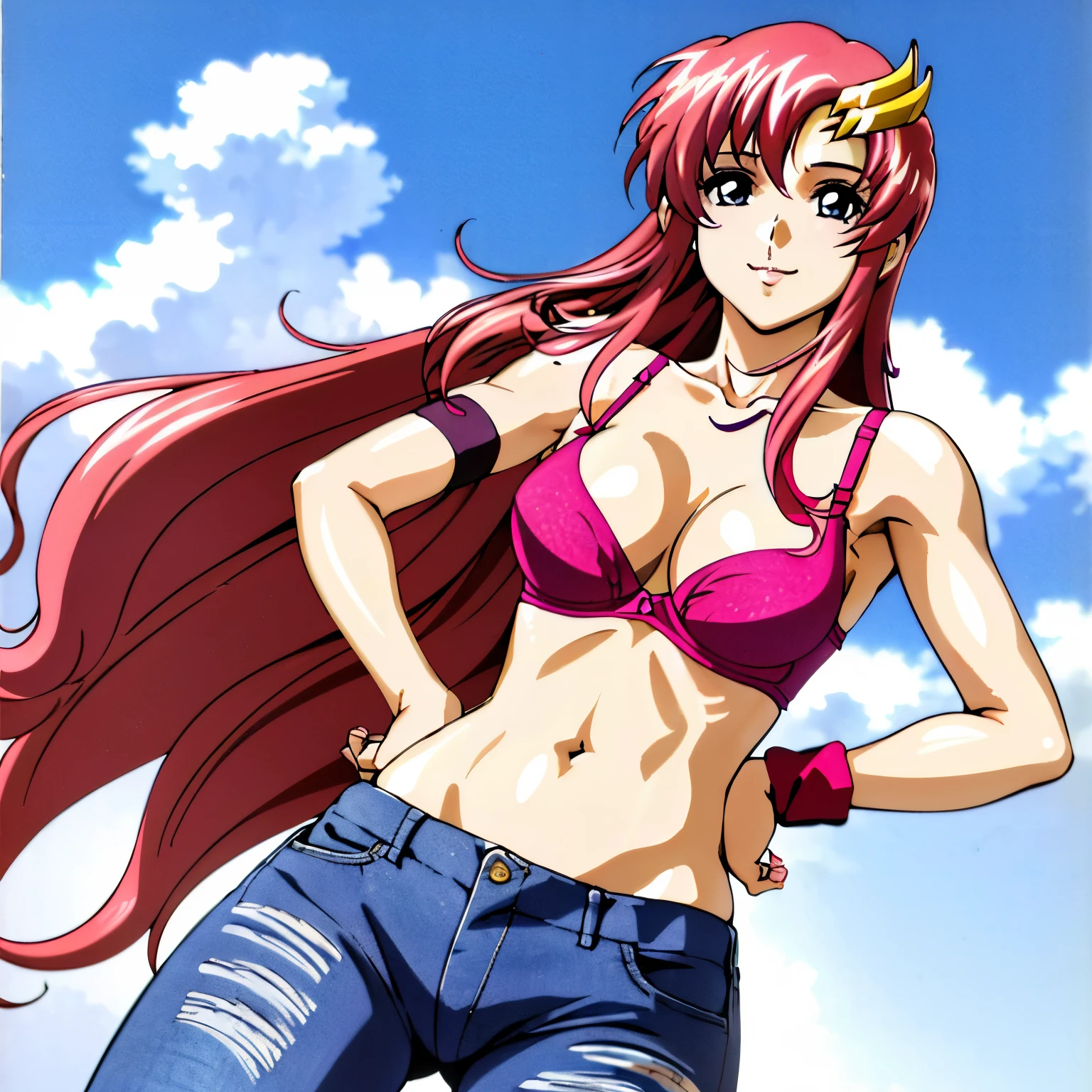 (masterpiece, upper body view, from above, 4K, Best Quality, Anime style: 1.9, happy, Adult Woman, ultra detailed face, (cloud background, hands on hips, pale skin,  pale skin), Drawing lines, high resolution, Anime, lacus4), 1girl, Solo, curvy figure, Long hair, 鎖骨, scapular, (Detailed wide hair bangs, Hair Ornament, Detailed reddish-pink hair, shiny streaks, slim arms, golden crest), cleavage, large hands, (female wrestler). (Big blue eyes, shiny eyes), ((female wrestler, (slim body), little biceps, slim arms, closed fists, groin)), ((perfect proportions, medium breasts, long belly)), (((double pink bra, metalic pink bra, neck band, jeans))), happy, smile, (standing, looking at the viewer)