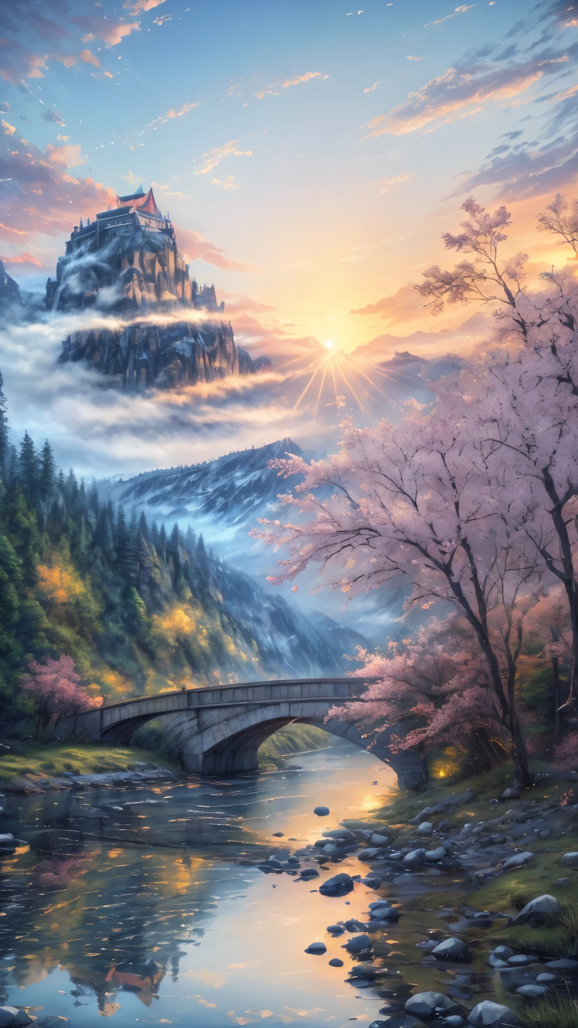 painting of a bridge over a river with a mountain in the background, beautiful art uhd 4 k, scenery artwork, anime art wallpaper 4k, anime art wallpaper 4 k, detailed painting 4 k, 8k high quality detailed art, anime art wallpaper 8 k, 4k detailed art, anime landscape wallpaper, 4k highly detailed digital art, anime beautiful peace scene