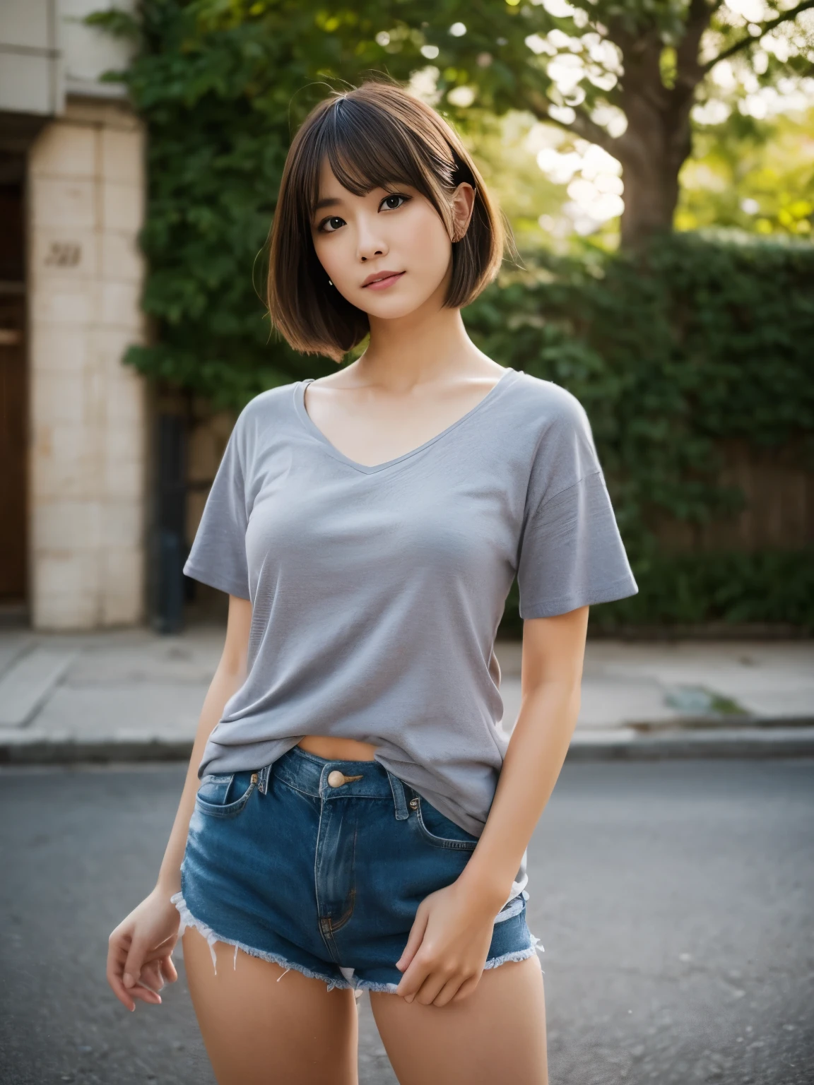 ((masterpiece)), ((super highest quality)), realistic, 8K RAW photo, ((Hyperbe familiar with)), girl, ((Any Pose)). beautiful face, Oversized black T-shirt and hot pants, Blurred light background, ((flat chest)), be familiar with, perfect body, perfect hands, thick thighs, 日本のgirl, look up, Landscape in the background, short hair, thighs exposed, perfect handss, dynamic lighting, HDR, (Improve:1.35), Shibuya Ward, from below, (whole body:1.3)