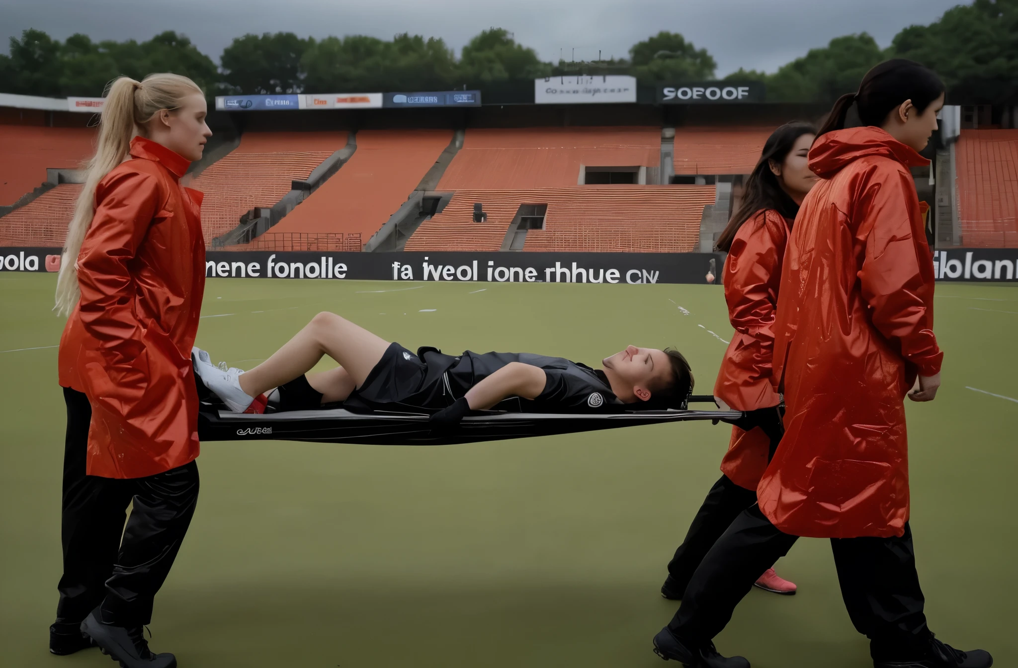 Soccer player is taken away on a stretcher, There is a man lying on his back on a stretcher with his hands grabbing his hurting leg, a man in a t-shirt and sports shorts has put his hands on his injured leg, the man has an agonised face looking to the sky, two horny looking longhaired and ponytailed women that are wearing very shiny coats, there are longhaired women with horny faces wearing laquered puffy coats, longhaired women are walking in wetlook puffy coats, several women walking around a football field with an injured athlete on a stretcher, the injured athlete on the stretcher is grabbing his injured leg with both hands, the women look very worried, behind the women there is a frightening atmosphere, there is heavy rainfall in the background, video still, behind the scenes, pity, china, erotic, horny, drama, very shiny orange vinyl fabric