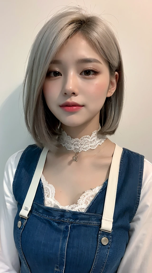 Upper body, newspaper background, beautiful Asian girl photos, cool feelingadvanced photos, western beauty, shoulder length white hair with a pinch of bluered suspender sleeveless vest, Jean jacket, white lace line around the neck, artistSargent's color, realistic facial features, beautiful lights, extremely beautiful facialdetails and delicate eyes, clear and three-dimensional facial features, 32K