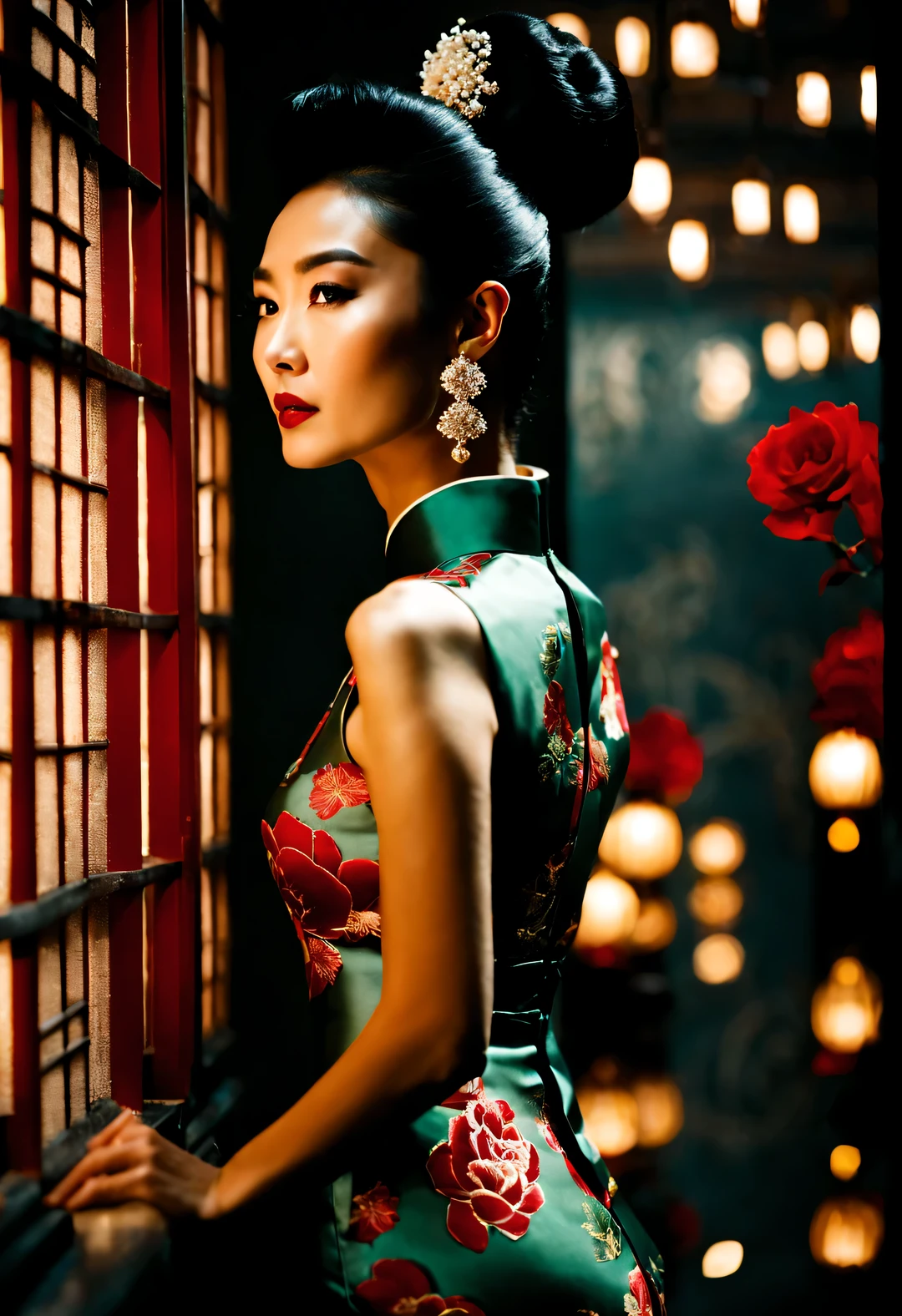 background：There is only one wall，（In the 1940s, a fashionable Shanghai beauty wearing a Chinese cheongsam looked at the brick wall and thought about her past.），（Slender and graceful figure from the side of the whole body）），Beautiful decadent temperament，（Fashionable high bun in Shanghai during the period），The cheongsam grows with the body，（Looks like actress Maggie Cheung），The image is influenced by the style of the 1950s，（Wong Kar-wai""），Her whole body is a combination of dark red and dark green，She is a sexy and intellectual beauty，retro style photos，The eyes are like silk，This photo has a retro color aesthetic，An ingenious combination of beautiful and luxurious night scenes and light and shadow，and narrative shooting techniques，The woman in the photo is wearing a cheongsam with a high collar，Very similar to the beautiful girl Maggie Cheung，The pattern of Chinese cheongsam is Suzhou embroidery hand-carved with roses，Earrings to express your personality，Shoes and bags match the overall design，