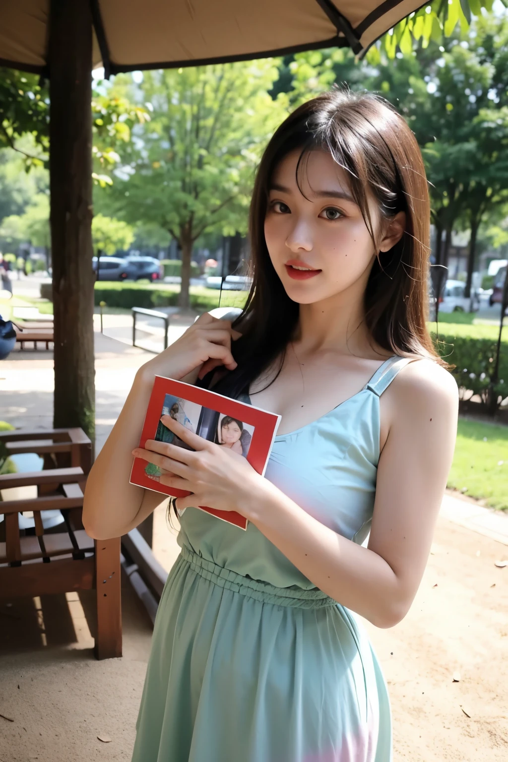 sunny, garden, wooden lounge chair, a girl, Wearing a rainbow colored dress, Girl holding picture album in hands, Certified Reading, There are many children in the park, Children are piling sand, There is a road next to the park。HD pictures, Natural facial expressions, viewfinder, cowboy shot, from below, 4K